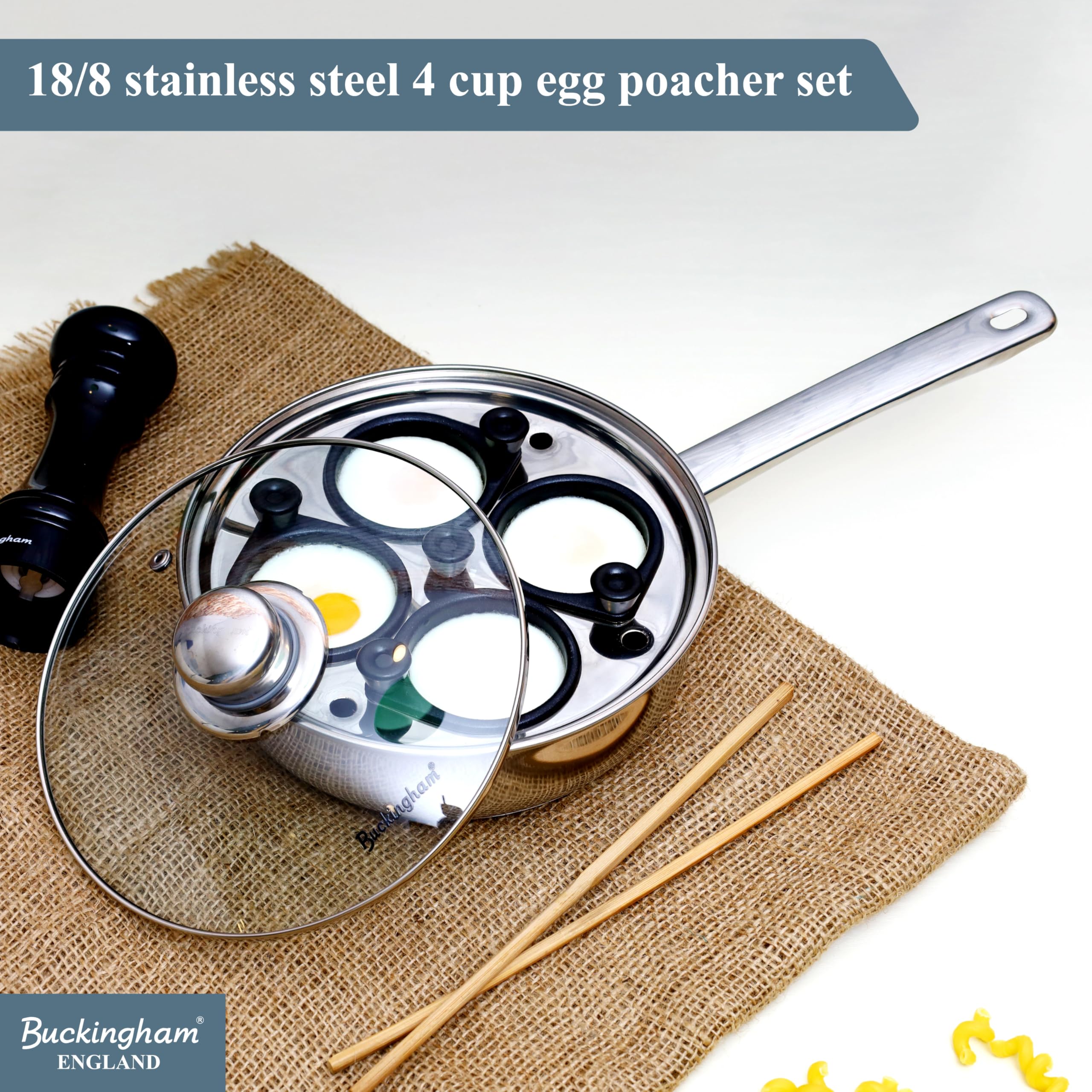 Buckingham - Cazo para escalfar 4 Huevos (20 cm de diámetro, con 4 Soportes antiadherentes y extraíbles para Huevos), Color Plateado