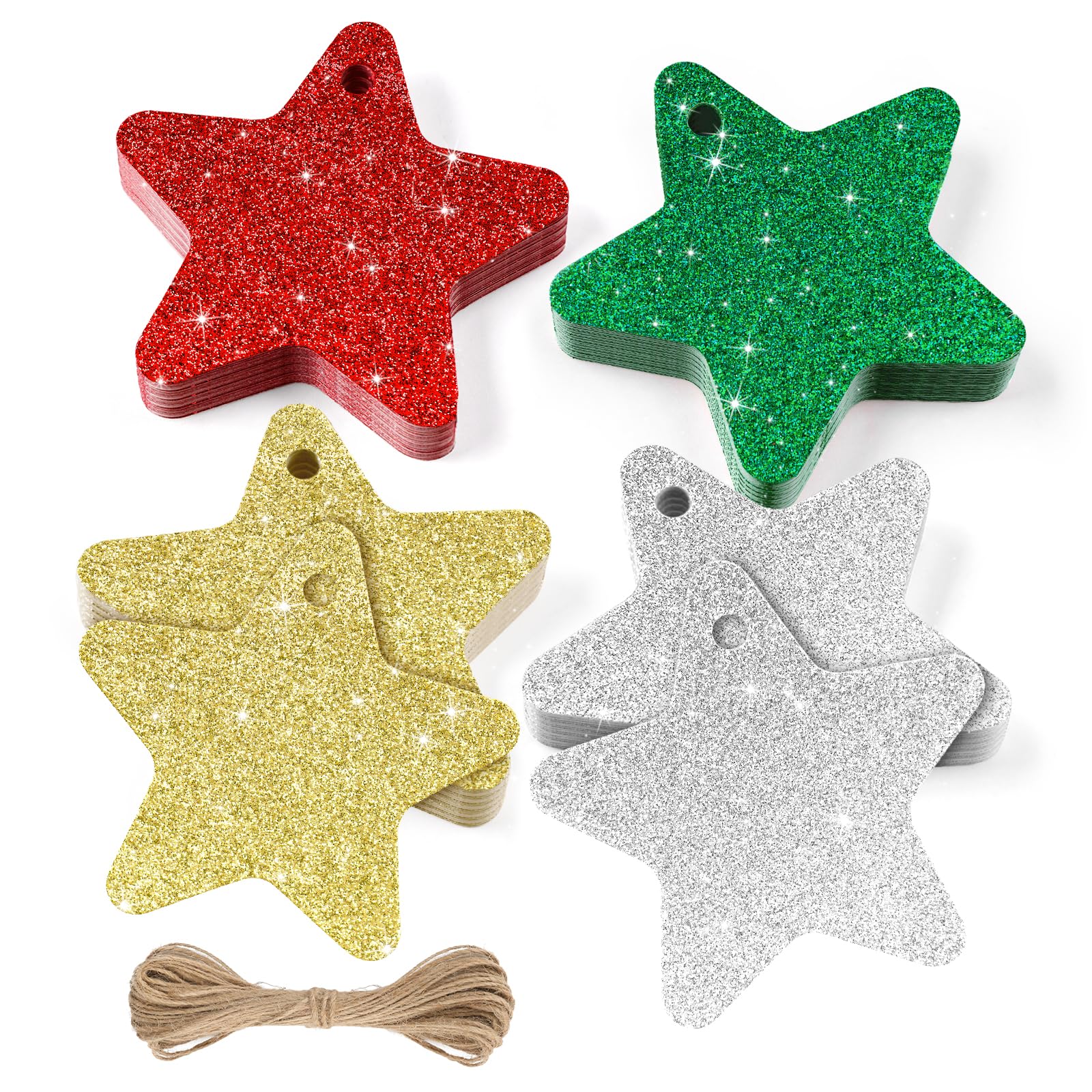 KINGLAKE 40PCS Christmas Glitter Star Gift Tags with String for Presents