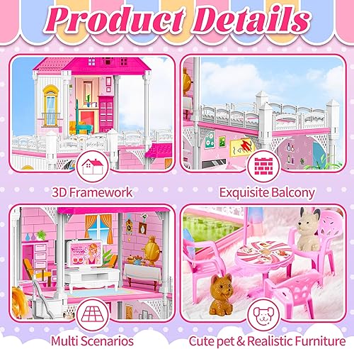 Miniatura 4 de Casa de muñecas para niñas, casa de muñecas de 8 habitaciones con figura de muñecas, cachorros, muebles, accesorios, casa de juegos para niñas de 3,