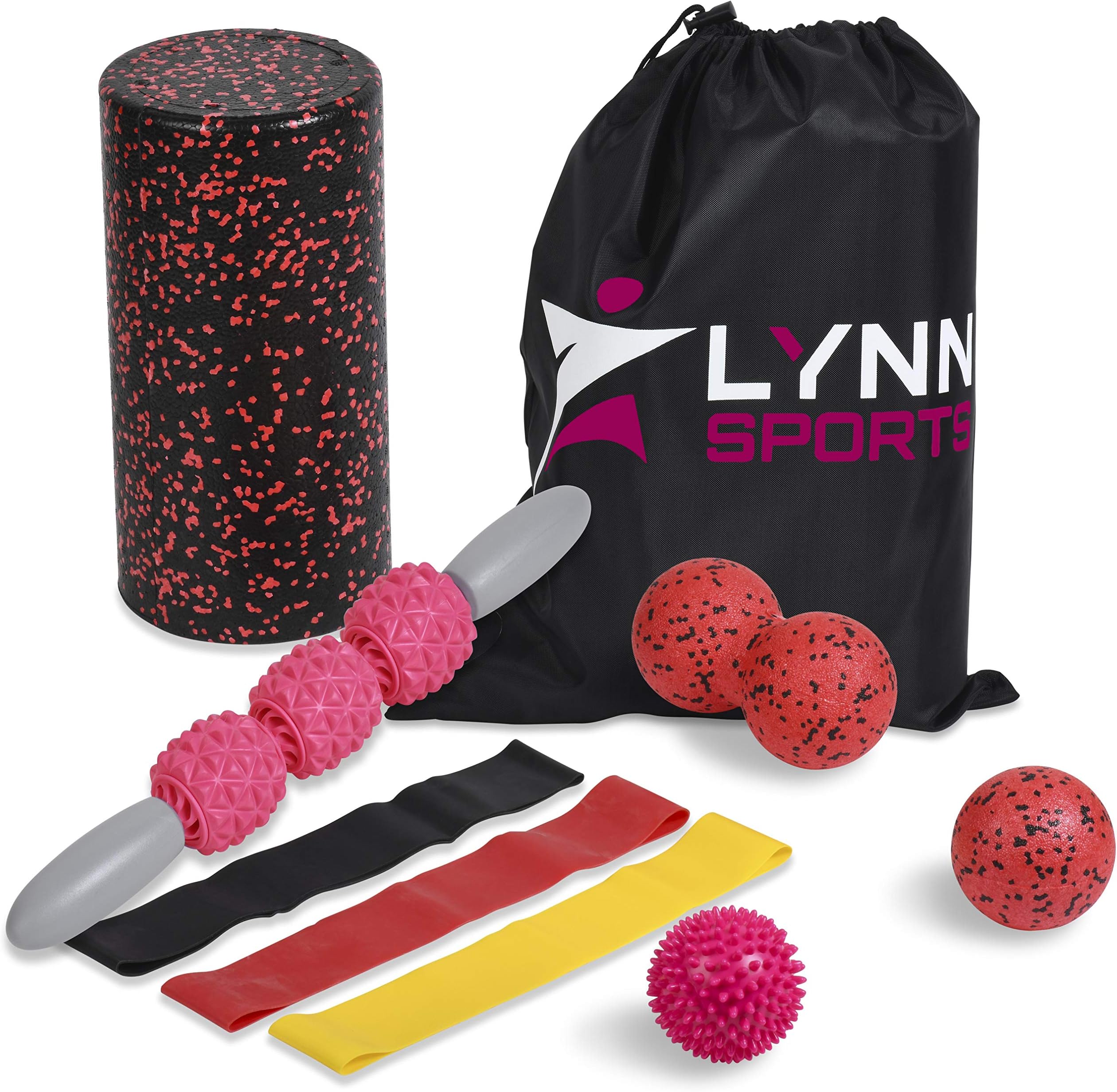 High Density Exercise Foam Roller Set Kit | 8 in 1 + Tote Bag (EVA Muscle Roller ick, 3 Massage Balls & 3 Resiance Loop Bands) - Physical Therapy Injury Prevention Deep Tissue Massage,Pink