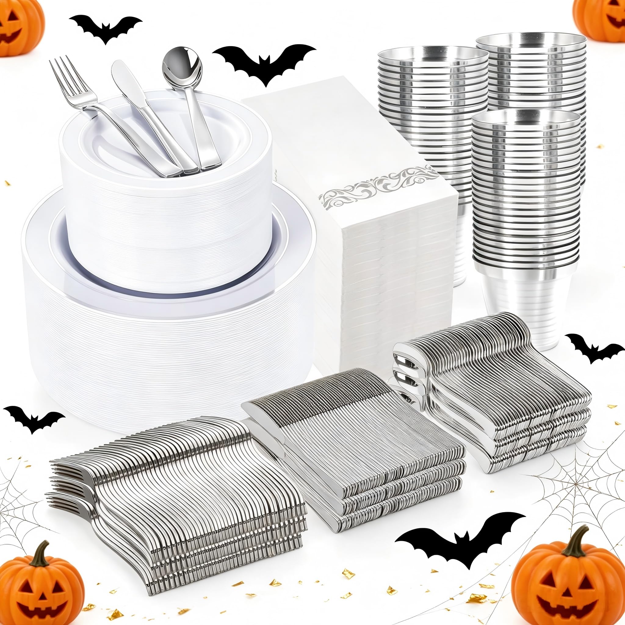 700 Pieces Silver Plastic Dinnerware Set for 100 Guests - Includes Plates, Cups, Napkins, and Disposable Cutlery - Elegant White & Silver Design, Perfect for Parties and Events