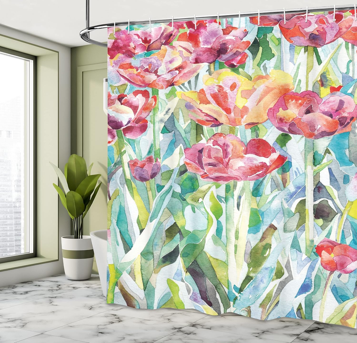 Ambesonne Watercolor Flower Shower Curtain, Painting of Summer Spring Flowers in Faded Colors Floral Seasonal Print, Cloth Fabric Bathroom Decor Set with Hooks, 69" W x 75" L, Blue Fern Green Plum