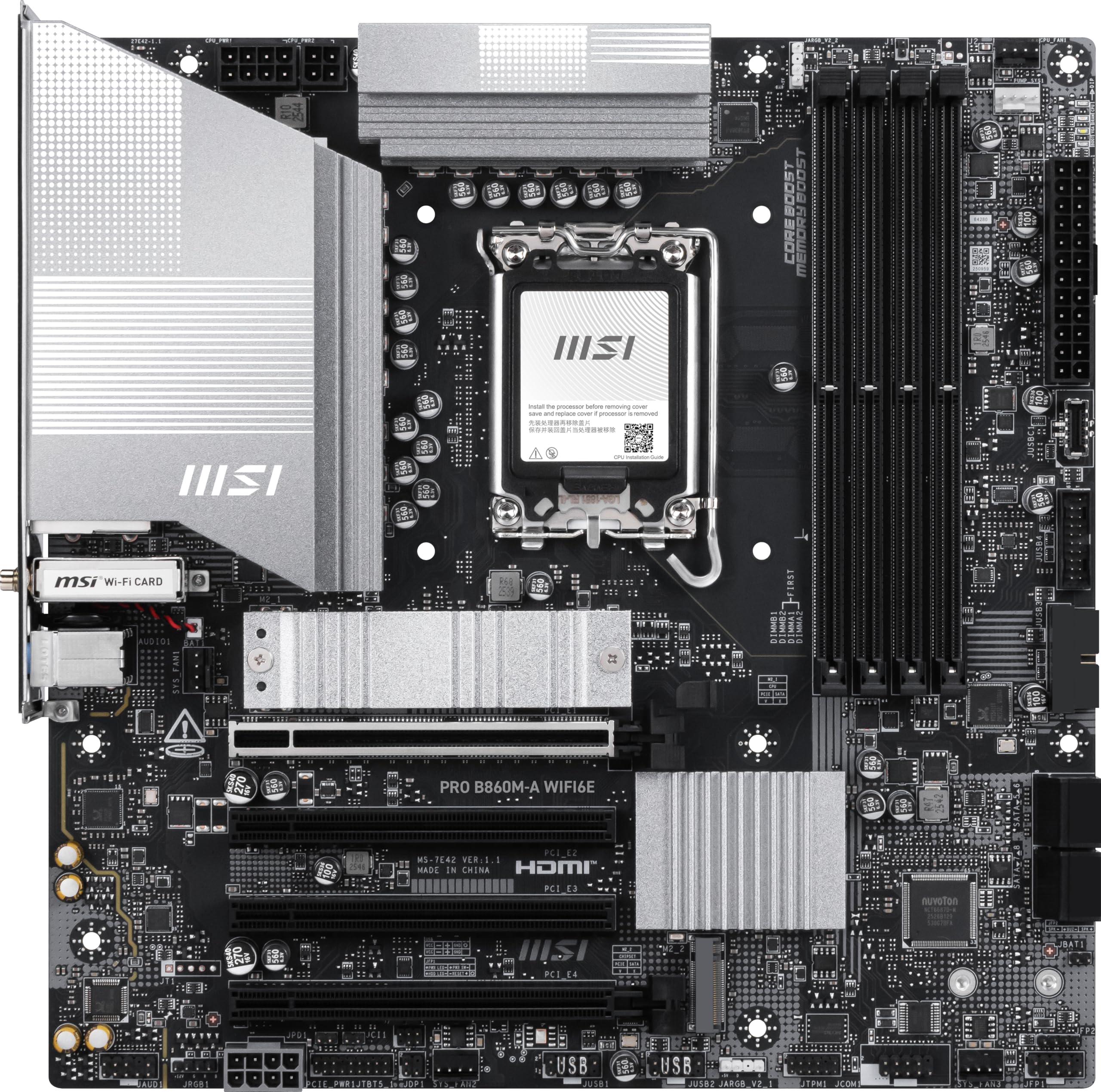 MSI Scheda madre PRO B860M-A WIFI6E, mATX, supporta processori Intel Core Ultra (serie 2), LGA 1851-12 DRPS, DDR5 Memory Boost (8800+ MT/s OC), PCIe 5.0 x16 e 4.0 x16, M.2 Gen5, Wi-Fi 7, LAN 5G