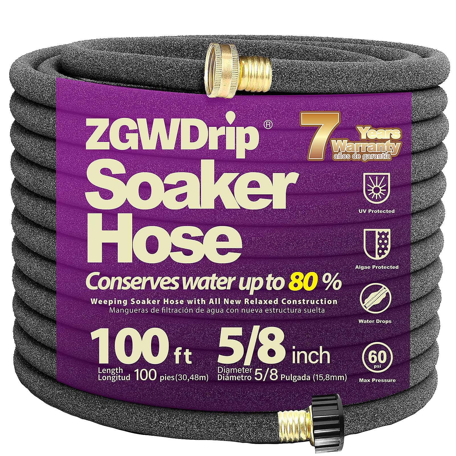ZGWDrip 5/8" 100FT Heavy Duty Soaker Hose with Brass Connectors – Ultra-Flexible Drip Irrigation for Gardens, Lawns & Raised Beds