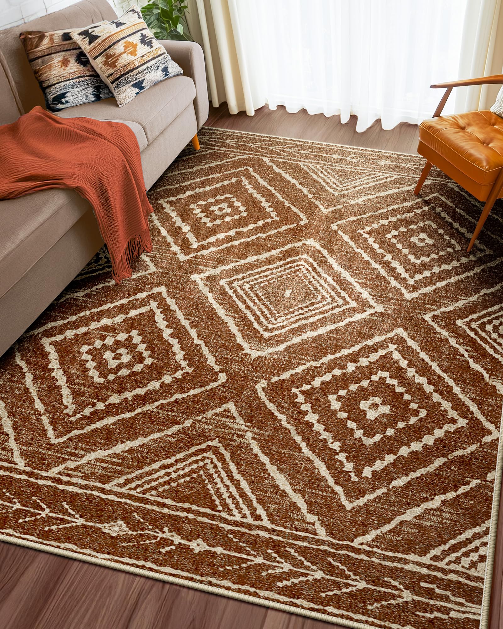 Photo 1 of Area Rug 4x6 Rug Machine Washable Non-Slip Low Pile Print Pattern Western Rug for Living Room Bedroom Entryway Tribal Series -Yellowbrown/Cream