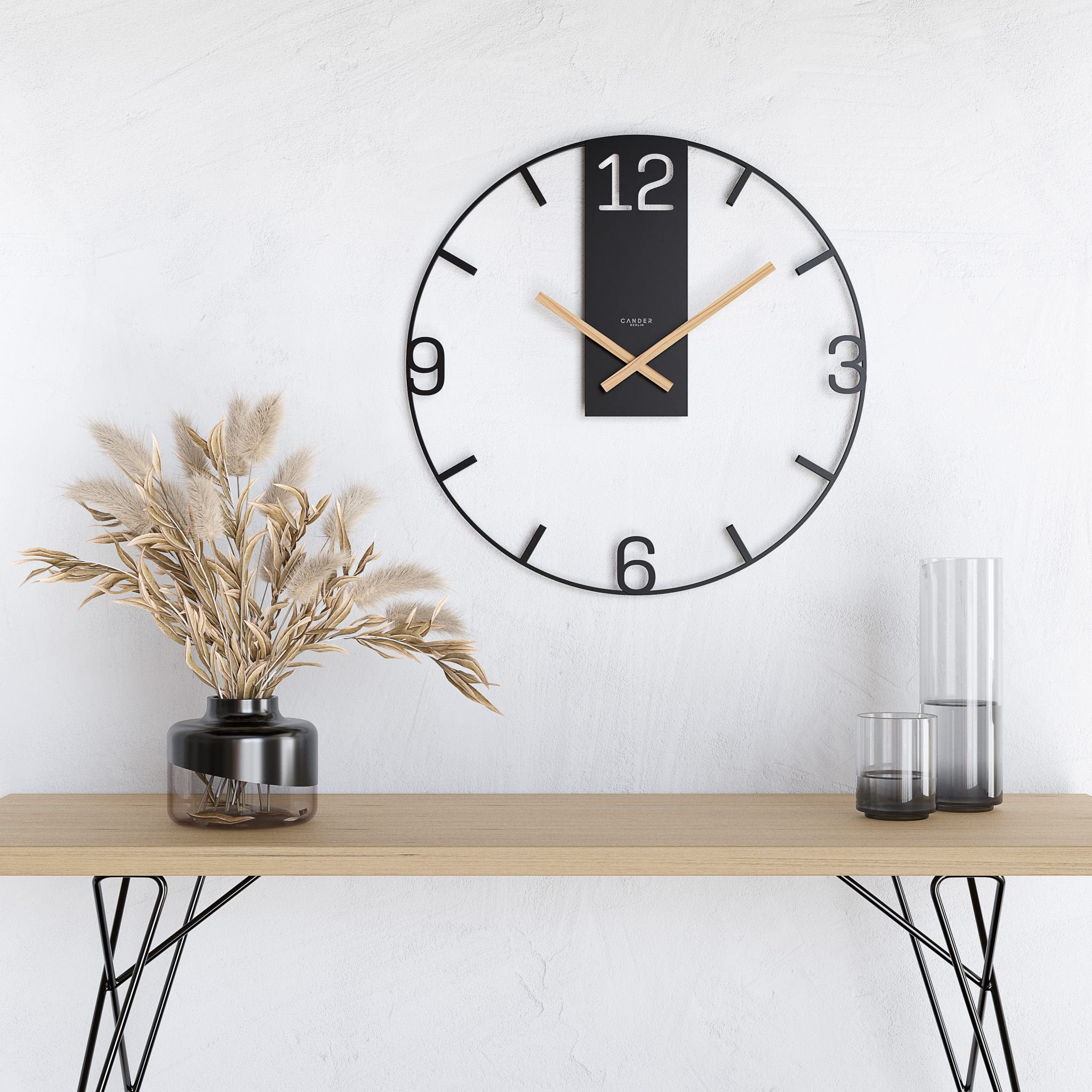 Cander Berlin BENTJA XXL Vintage-Wanduhr lautlos 50 cm Metall Holzzeiger ohne Tickgeräusche groß modern schwarz Wohnzimmer Küche