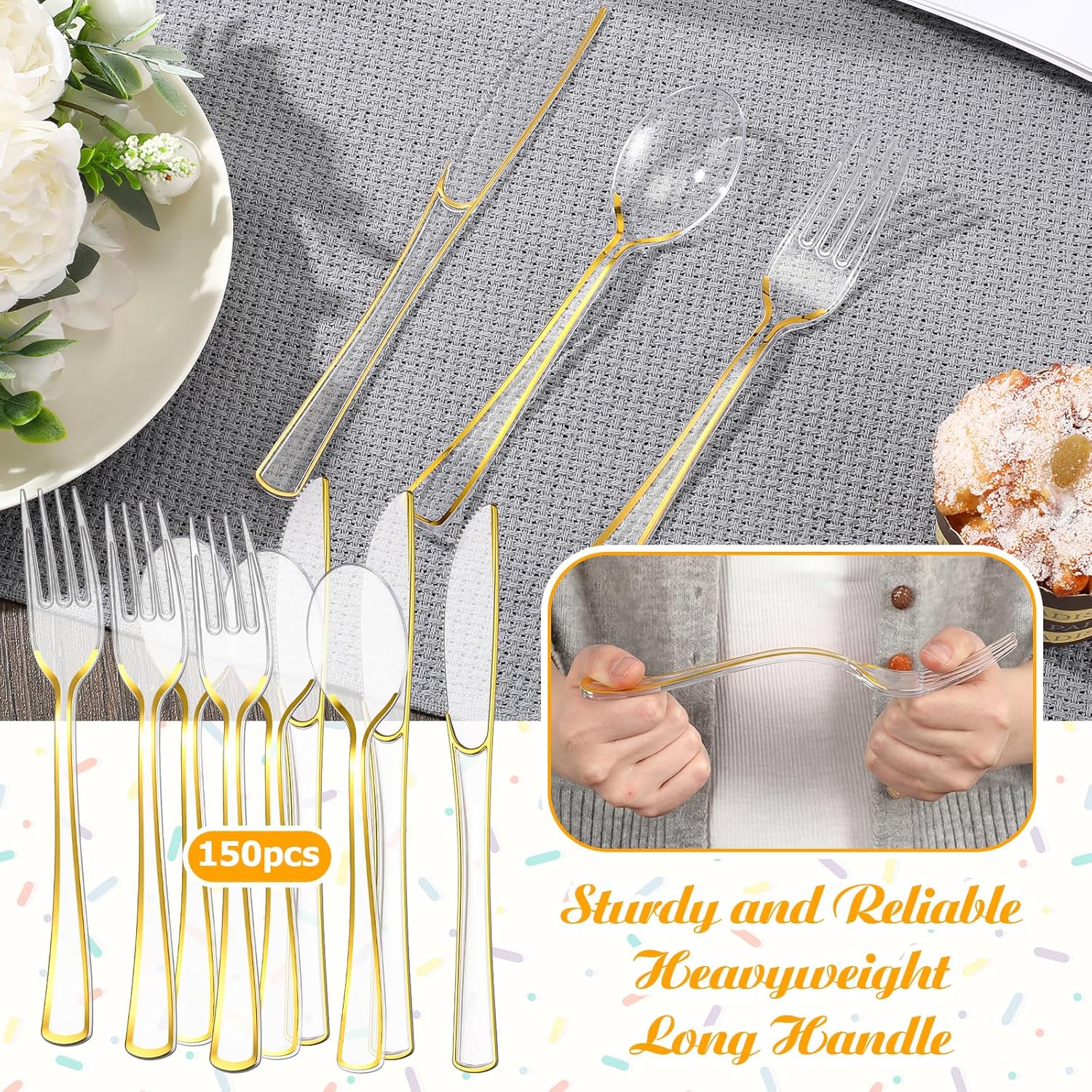 Minatee 150 Pcs Gold Plastic Silverware, Clear Disposable Cutlery Set Heavy Duty Utensil Sets 50 Forks 50 Knives 50 Spoons for Birthday Party Home Office School Picnics Restaurant Outdoor Events