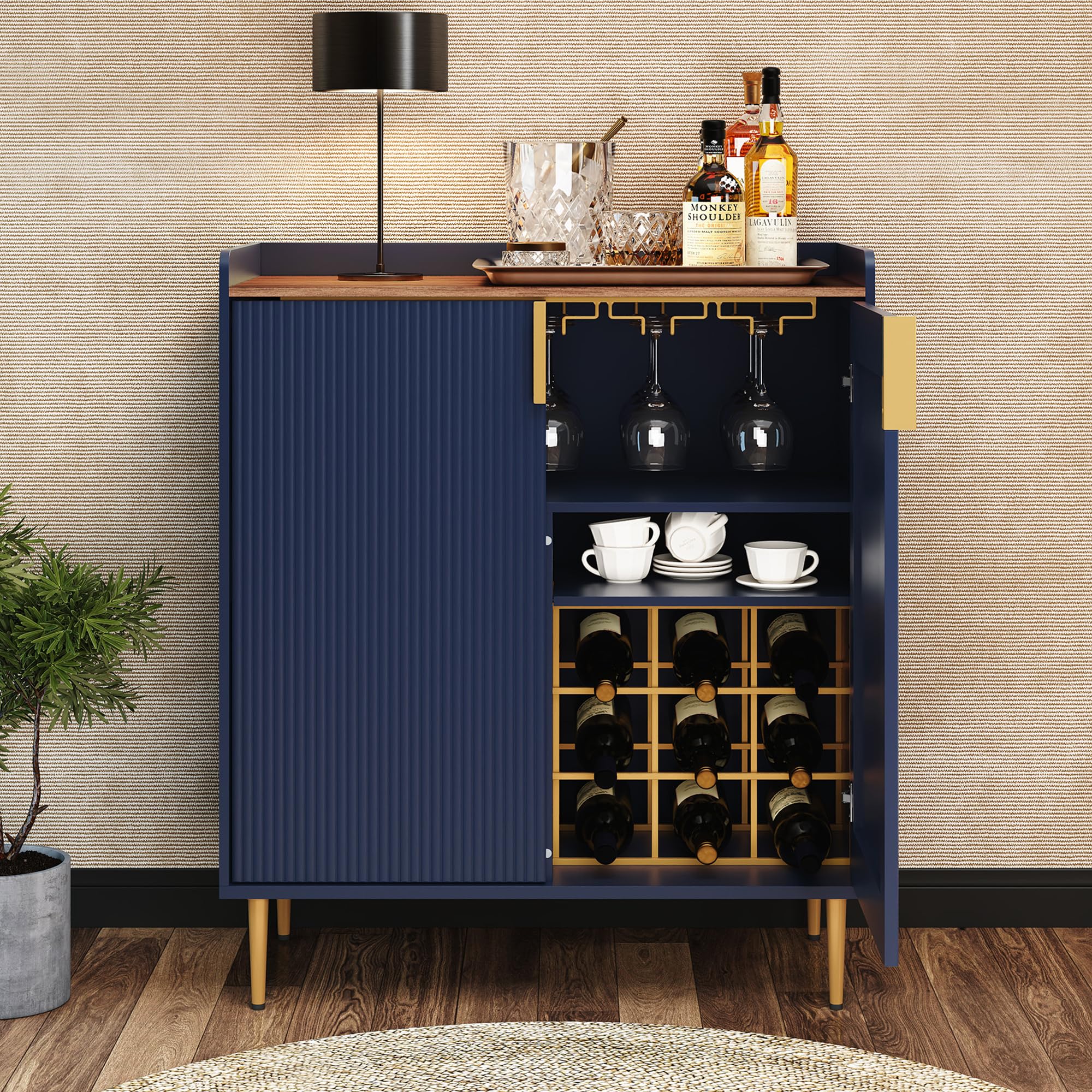 HOLTICO Credenza Moderna, Armadietto per Vino e Mobile per Caffè, Arredo Elegante Multifunzionale con Colori Esclusivi per Cucina, Sala da Pranzo e Soggiorno, Blu Scuro Elegante
