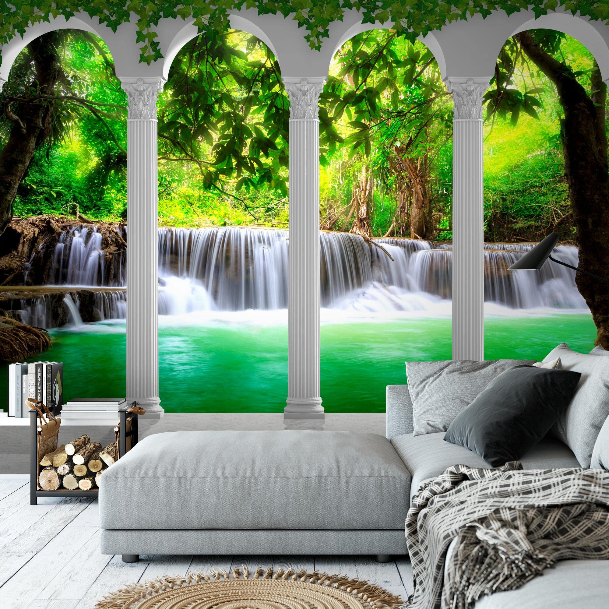 Runa Art Papel tapiz fotográfico columnas paisaje de cascada 352 x 250 cm Lana Fondo De Pantalla XXL Moderna Decoración De Pared Sala Cuarto Oficina Salón verde 9030011b