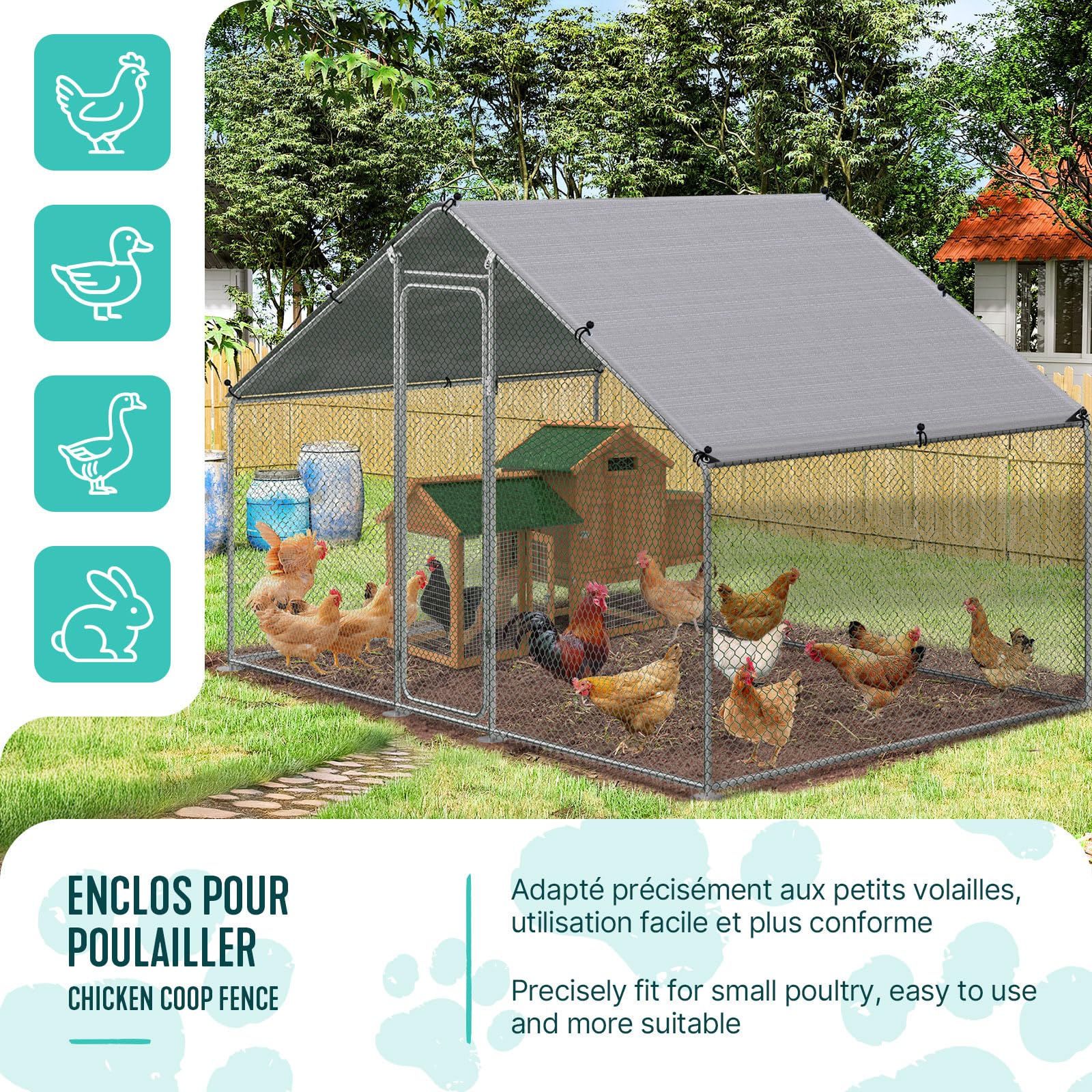 VOUNOT® Gallinero Exterior Metálico 6 m², Jaula para Gallinas Conejos y Animales Pequeños con Puerta con Cerradura y Cubierta PE, 300x200x200 cm
