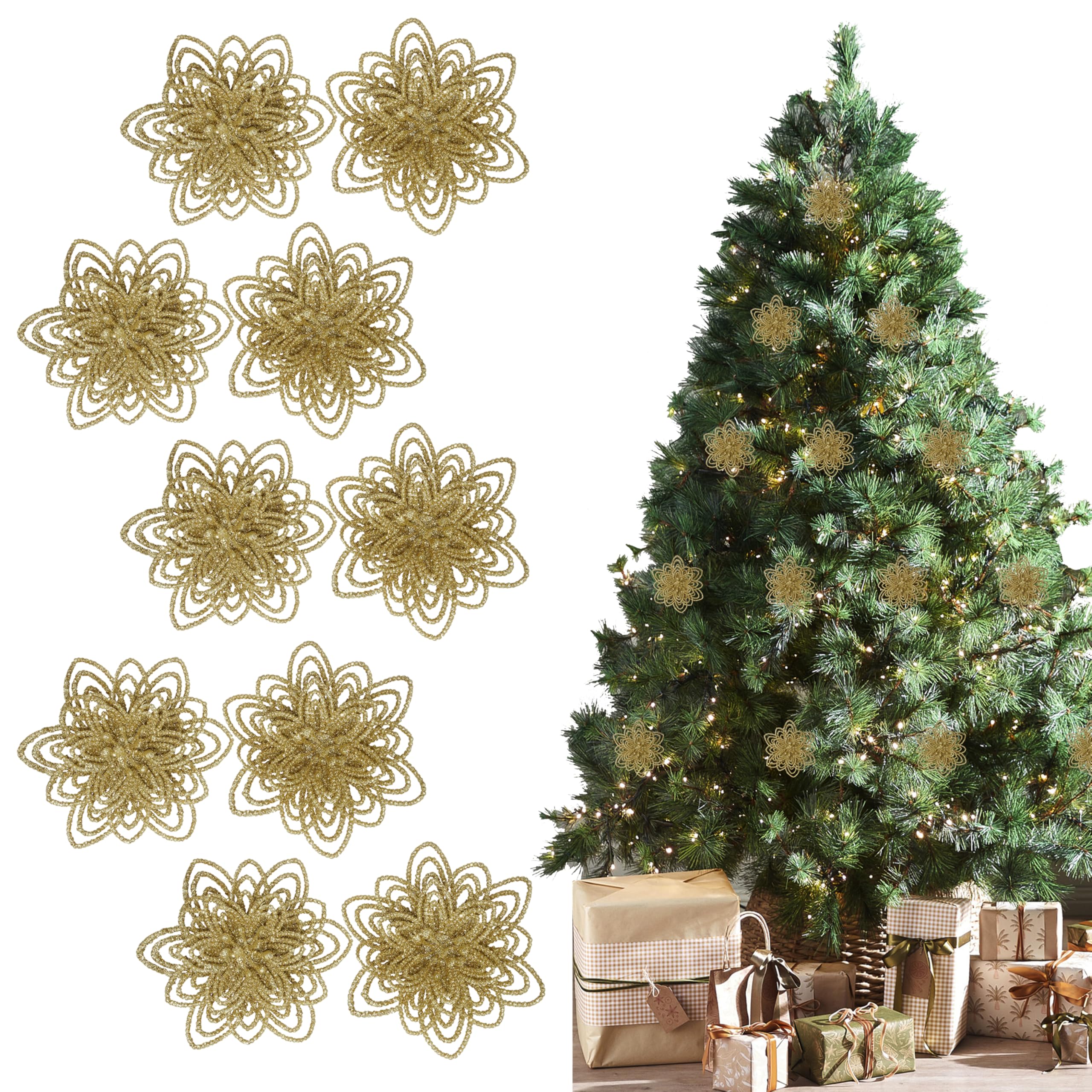 HOVUK 10PCs Gold Glitter Flower Picks Set 10cm - Poinsettia Glitter Flowers with Clips for Holiday Wreaths and Garlands, Xmas Holiday Floral Decor for Indoors or Outdoors