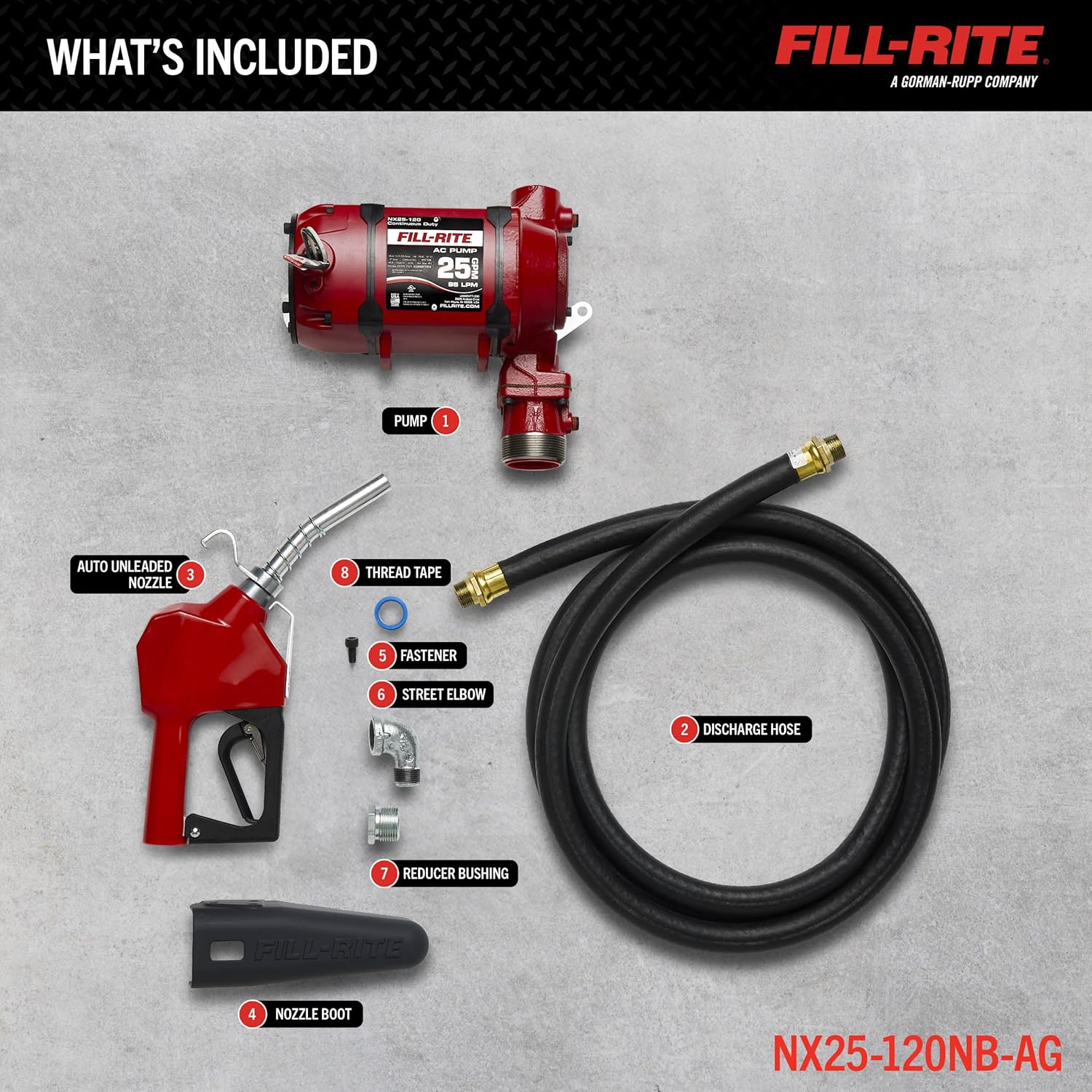 Fill-Rite NX25-120NB-AG 120V 25 GPM Bung Mounted 3/4" Outlet Fuel Transfer Pump w/Discharge Hose & Automatic Nozzle (Red)