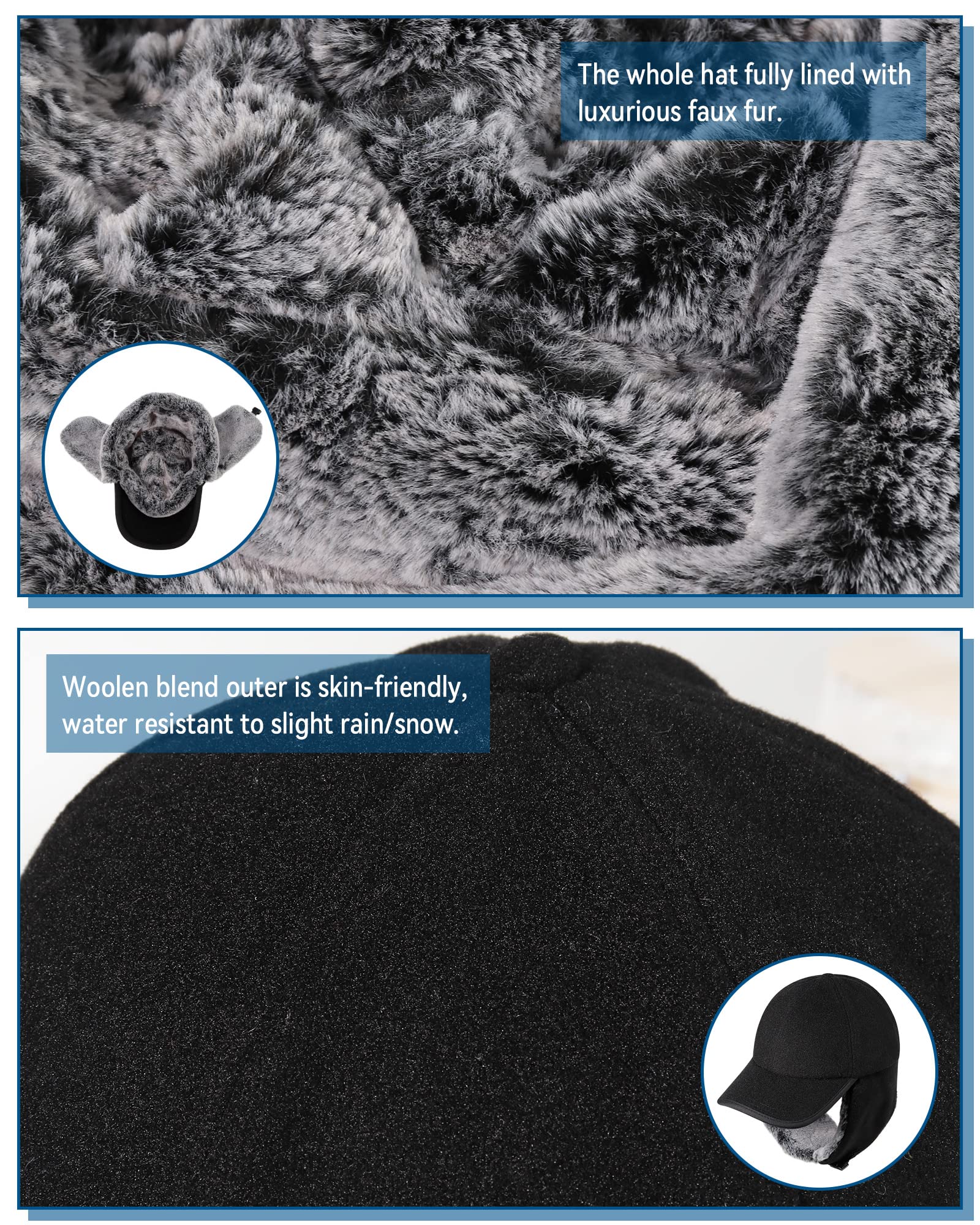 Gisdanchz Casquette Hiver avec Longs Oreillettes - Extérieur en Laine Mélangée, Fausse Fourrure Entièrement Doublée