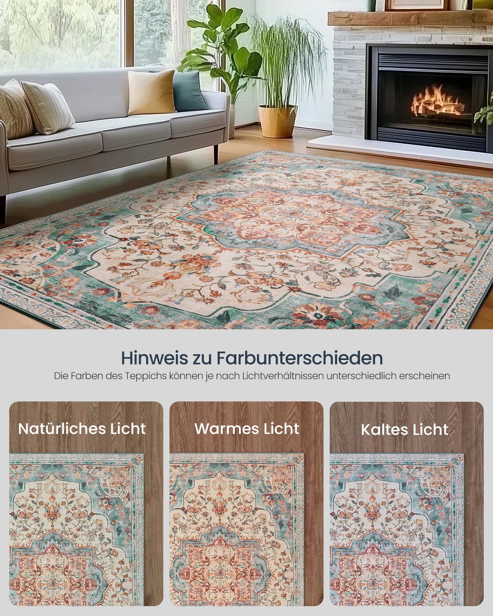 SONGMICS Vintage Teppich, 160 x 230 cm, Wohnzimmerteppich, Schlafzimmerteppich, Waschbarerteppich, Rutschfester Teppich, für Küche, Flur, Esszimmer, aquamarinblau TAR033Q01