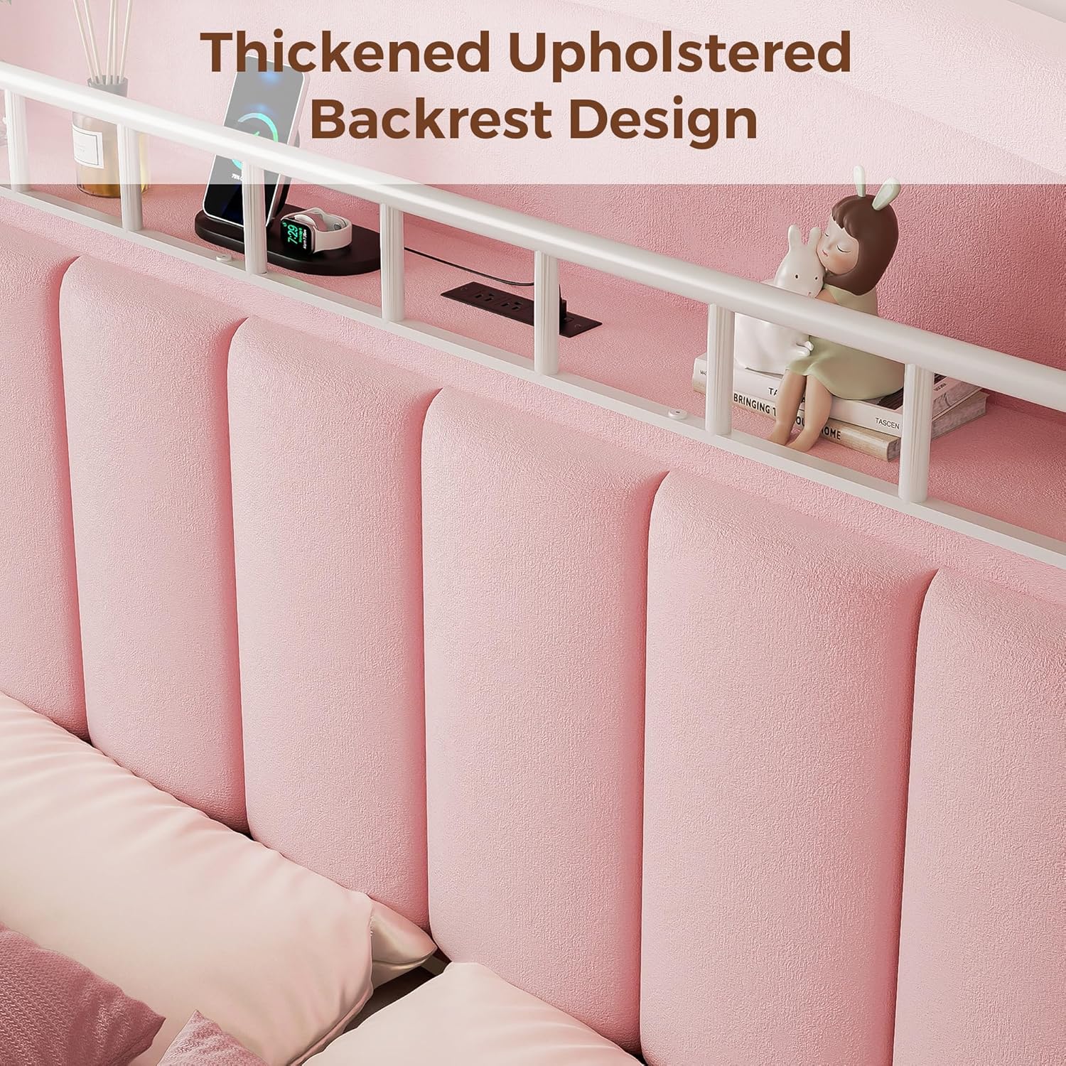 Full LED Bed Frame with Storage Headboard & 2 Storage Drawers, Princess Velvet Upholstered Bed with Vertical Tufted Headboard Design for Girls, USB & Type-C Charging Ports, Wooden Slats Support, Pink