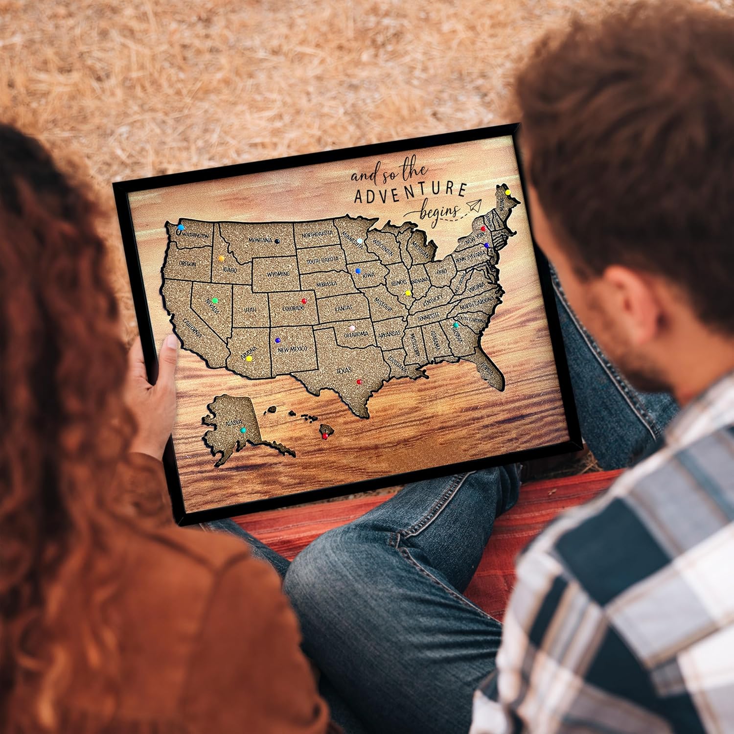 flinelife Push Pin Travel Map, 12X10, Cork Board Usa Travel Map With Pins,50 States Travel Map Pin Board, Perfect Travel Map for Couples Gift