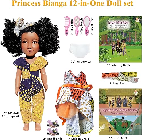 Miniatura 2 de Muñeca negra de 14 pulgadas con historia infantil y libros para colorear, muñeca negra para niñas con libros para niños, muñeca de vinilo fino