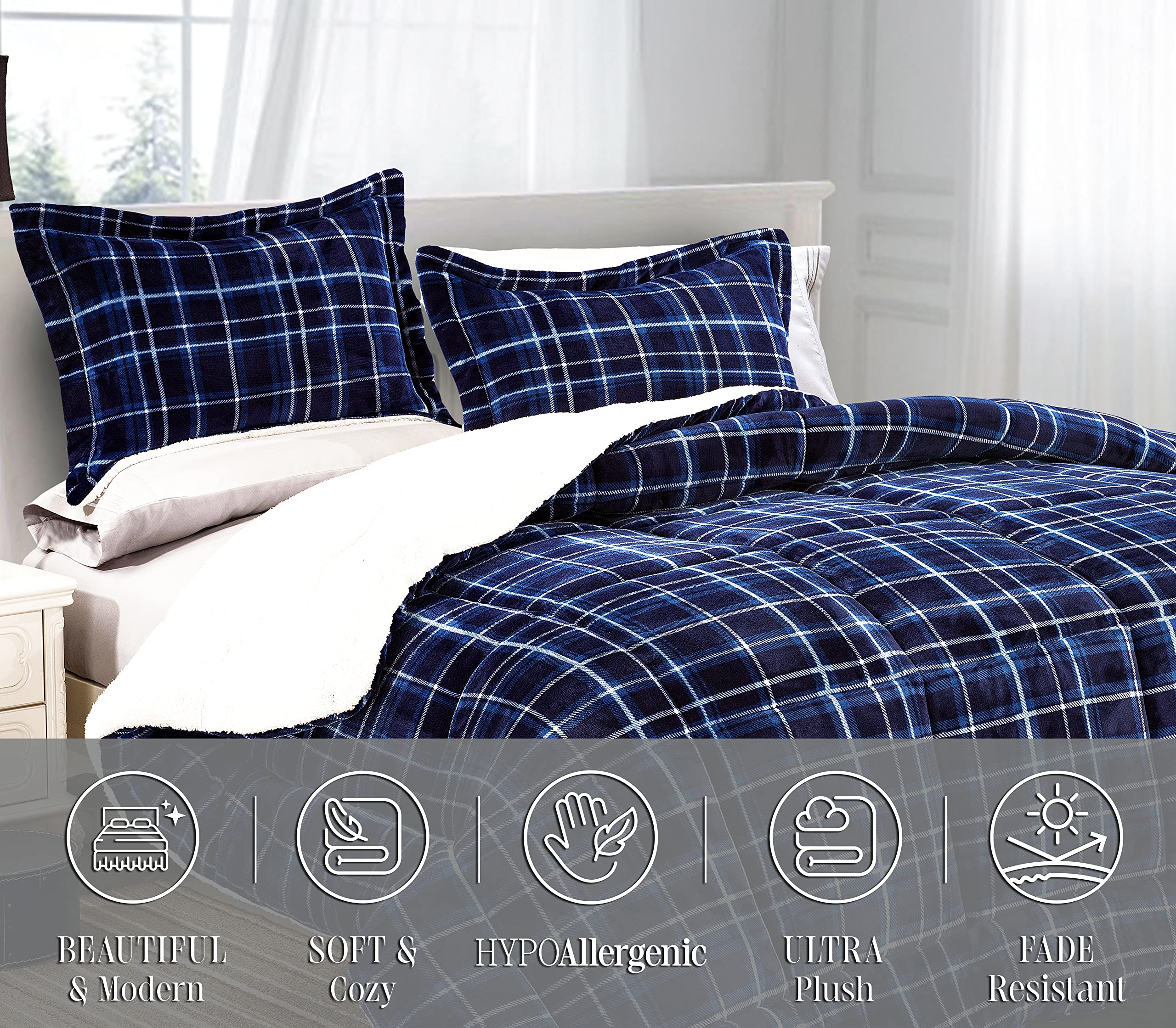 Elegant Comfort Lilith Plaid – Set Di Biancheria Da Letto Queen In Sherpa Reversibile – Piumone 228x228 Cm + 2 Federe 50x66 Cm – Nero Carbone - 4