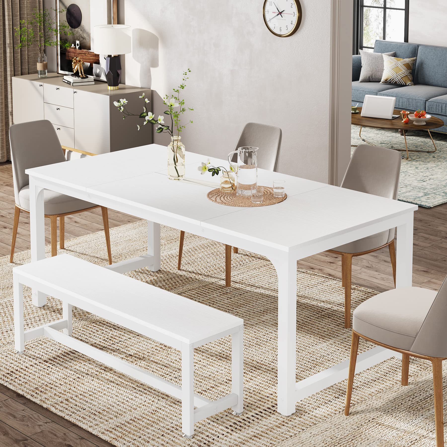 Tribesigns Mesa de comedor de 160 x 80 cm, mesa de cocina industrial rectangular para 4-8 personas, robusta mesa de comedor con patas de metal, para cocina, comedor, salón (blanco, 180 x 80 x 75 cm)