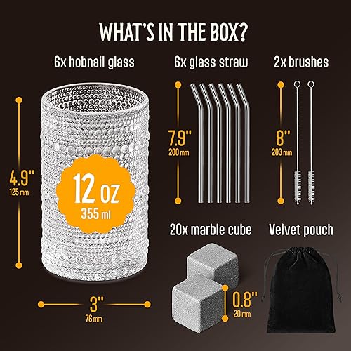 Miniatura 3 de Juego de 6 vasos para beber Hobnail de 12 onzas, juego de cristalería multiusos transparente, vasos decorativos para bar, cocina, cristalería de