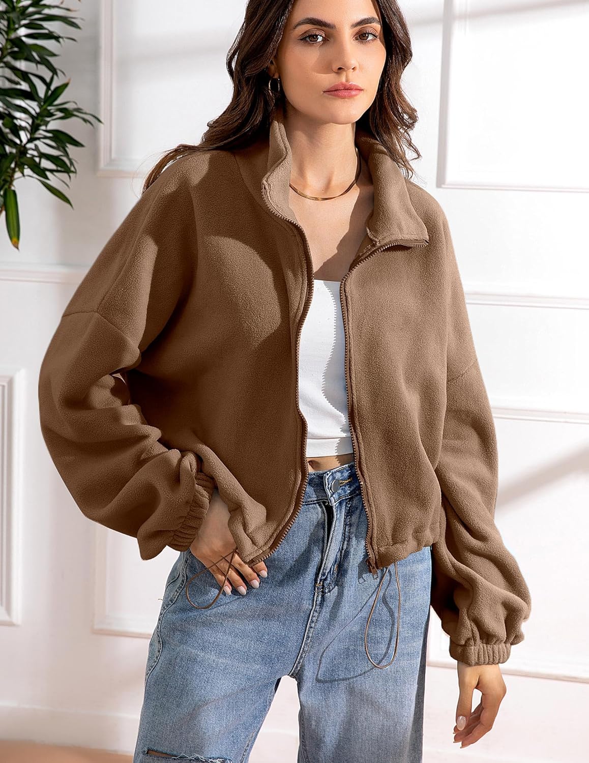 Women fleece crop jacket Zip Up Oversized Sweatshirts fall and Winter Clothes Long Sleeve Outfits - Image 3