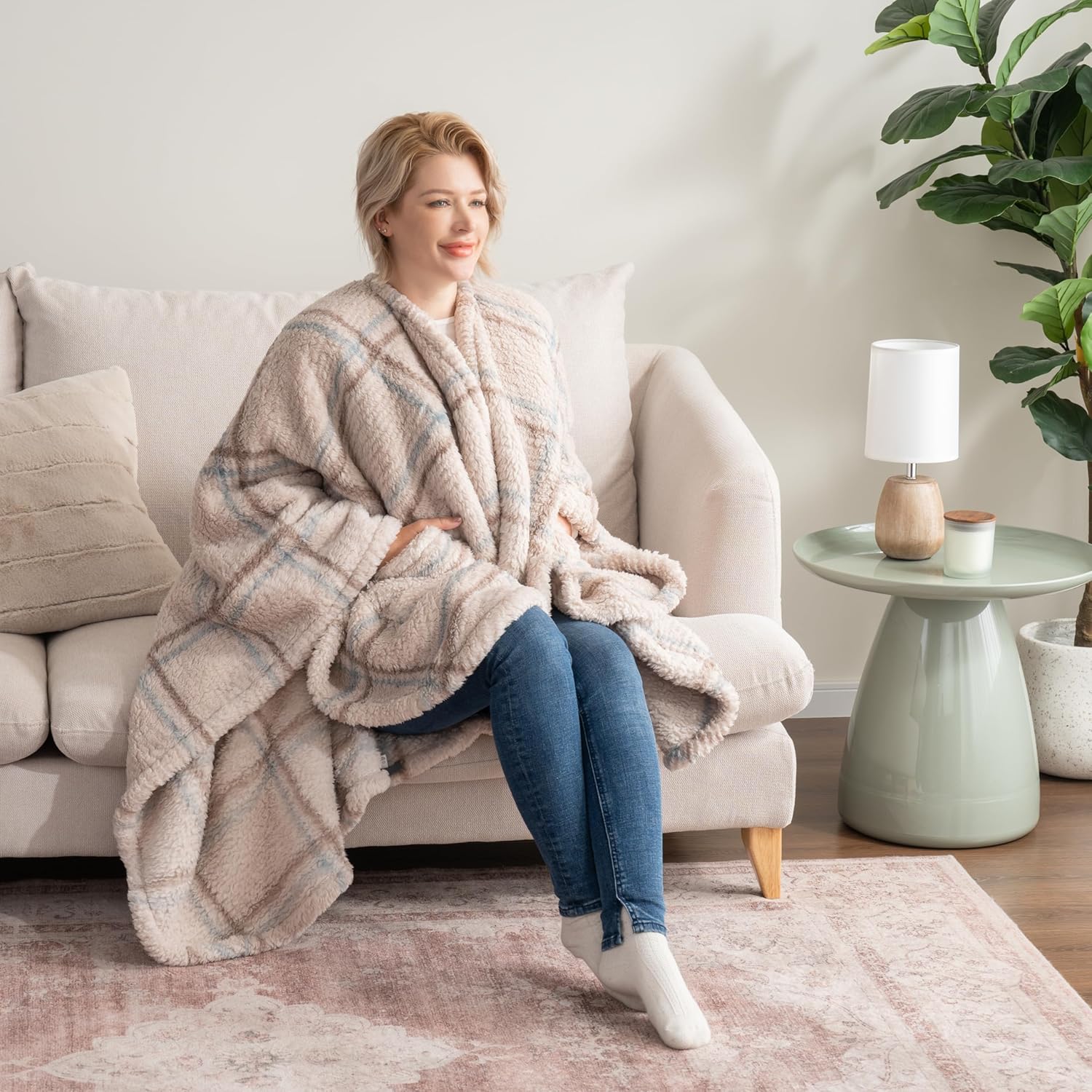 Berkshire Blanket Double Sided Sherpa Wearable Blanket,Warm Cozy Shawl with Pockets Plush Cape Wrap - Image 3