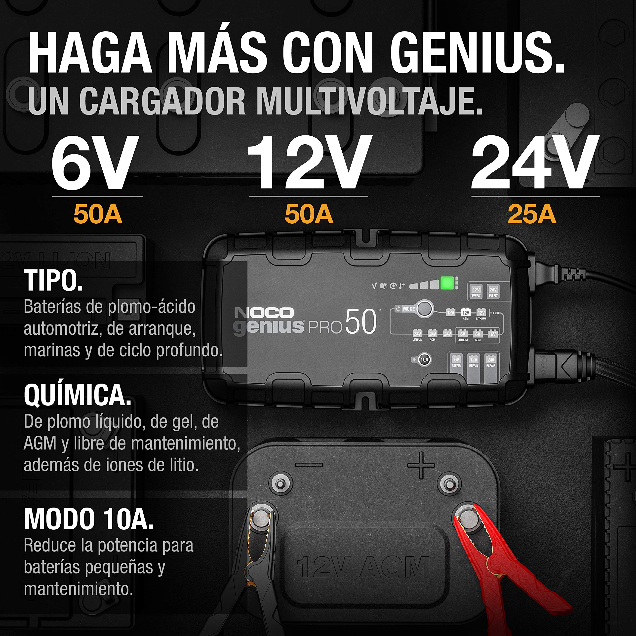 NOCO GENIUSPRO50: Cargador Profesional Inteligente de baterías 50A 6V/12V/24V – Mantenedor, desulfatador y Fuente de alimentación – Protección contra sobrecarga – para baterías de Plomo y Litio