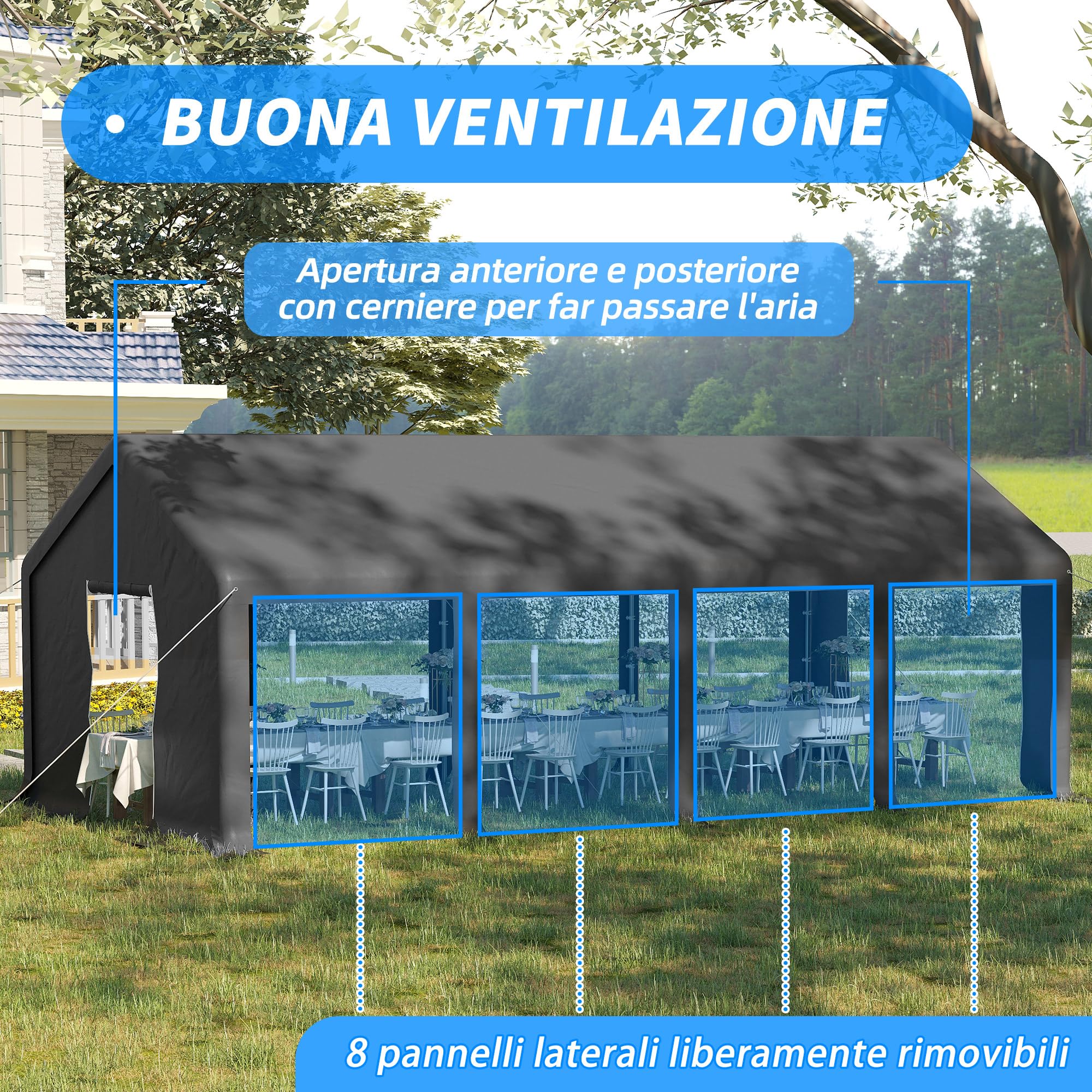 Outsunny Garage Auto Esterno 8x4m Porte Cerniera Tettoia Pannelli Removibili Telaio Acciaio Grigio Scuro