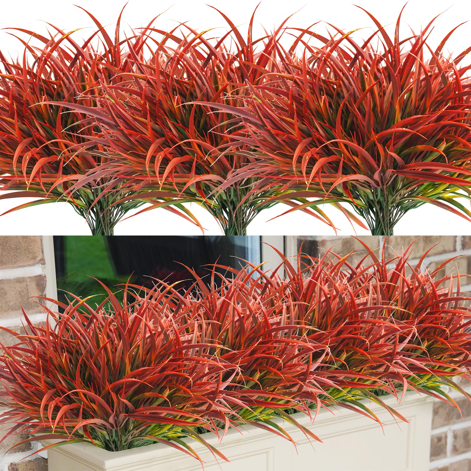 Uieke 12 Bundles Artificial Outdoor Plants UV Resistant Fake Grass Plants Faux Plastic Plants Greenery Shrubs for Home Garden Pathway Window Box Front Porch Cemetery Fall Decor, Autumn Red