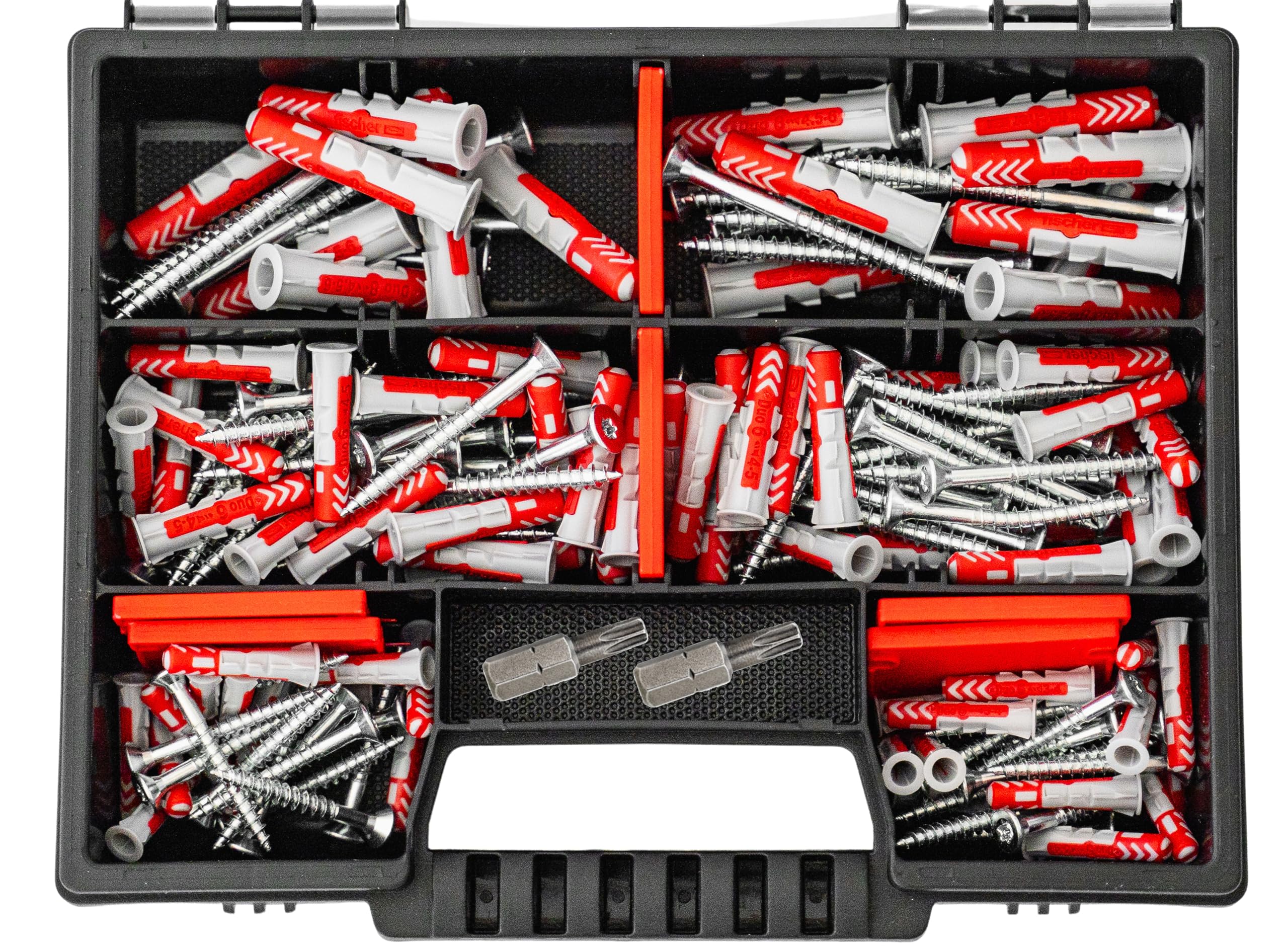 Fischer DuoPower Set Dübel + Schrauben mit Bits, 162 Teiliges Dübelsortiment. Dübel in verschiedenen Größen - 25 Stück 5x25mm + 40 Stück 6x30mm + 15 Stück 8x40mm + Schrauben Universaldübel