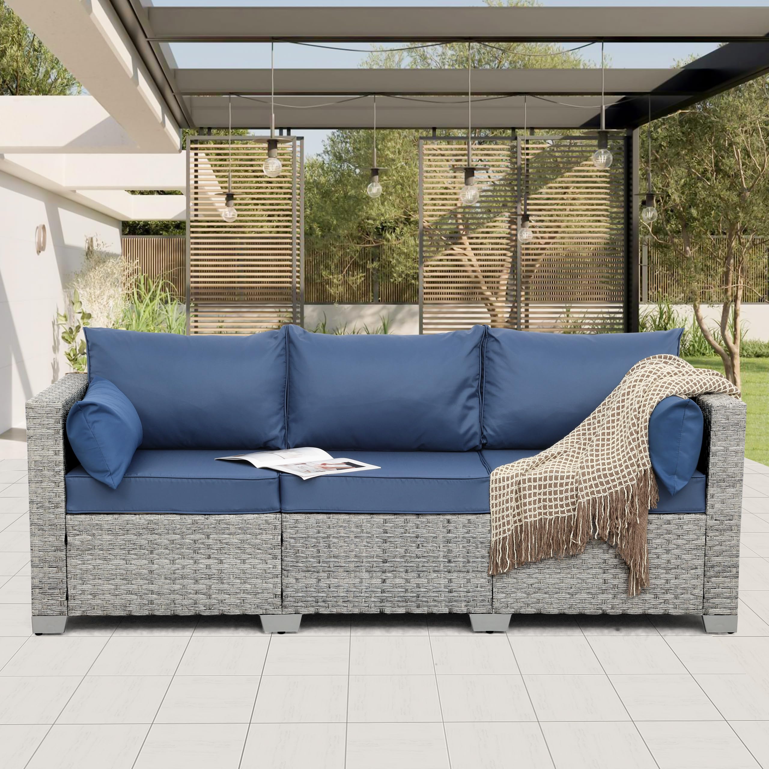 WAROOM Outdoor Couch 3 Seater Wicker Patio Sofa Grey Rattan Deep Seat Balcony Furniture Porch Seating with Navy Blue Cushion