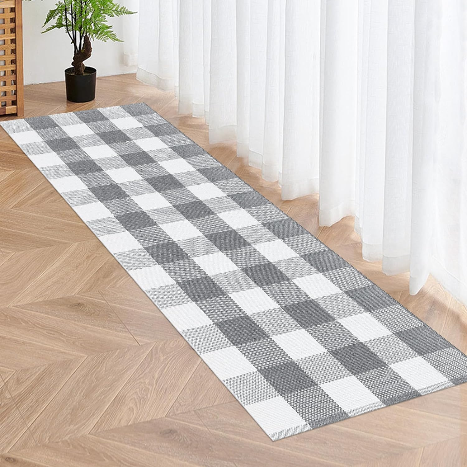 Buffalo Plaid Runner Rug 2x6 Feet Grey and White Checkered Runner Rug Cotton Woven Farmhouse Floor Mat Washable Rugs for Hallway Kitchen Laundry Bedroom Living Room