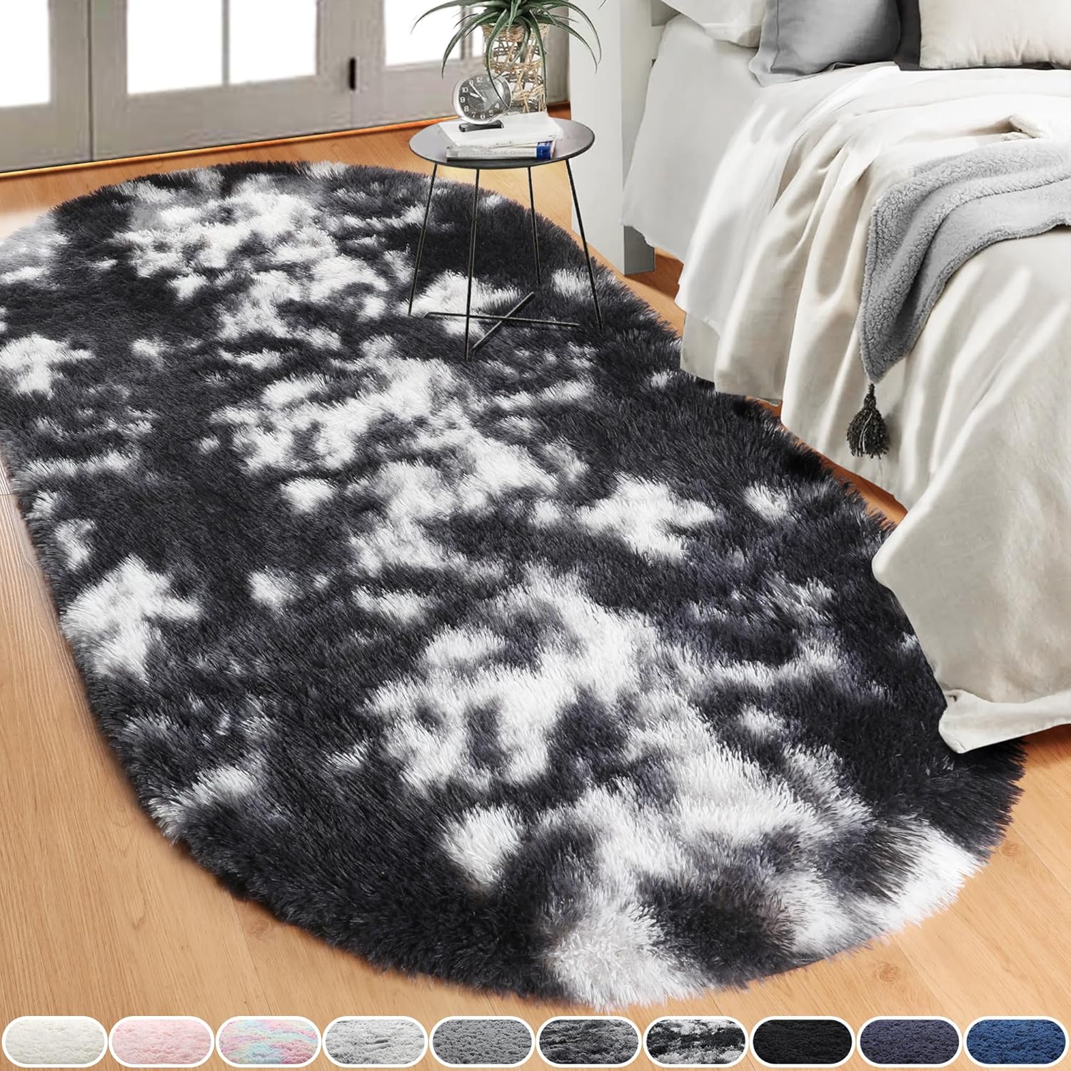 Amazon.com: KICMOR Black Grey Oval Rug, 3x5 Tie-Dyed Fuzzy Fluffy Shag ...