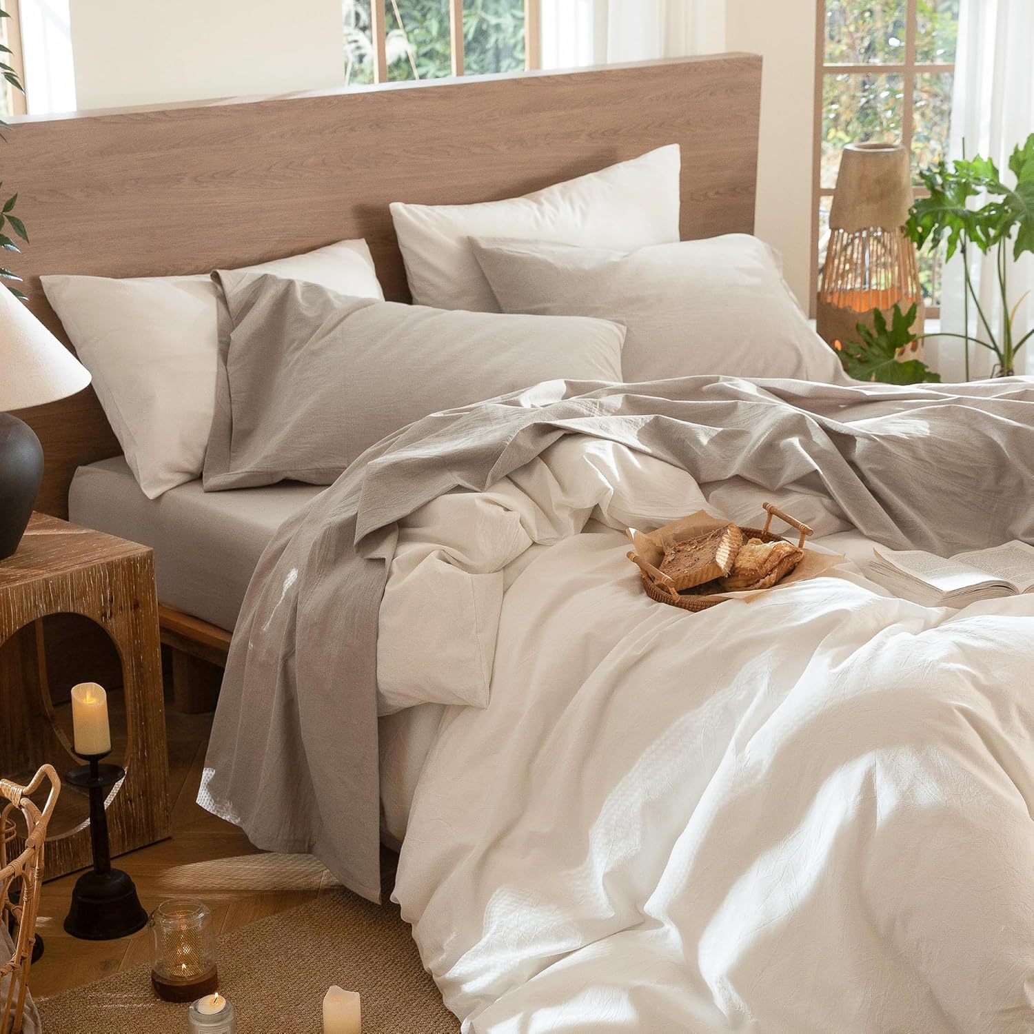 MooMee Bedding Sheet Set 100% Washed Cotton Linen Like Textured Breathable Durable Soft Comfy (Heathered Tannish Linen Grey, Queen) - Image 7