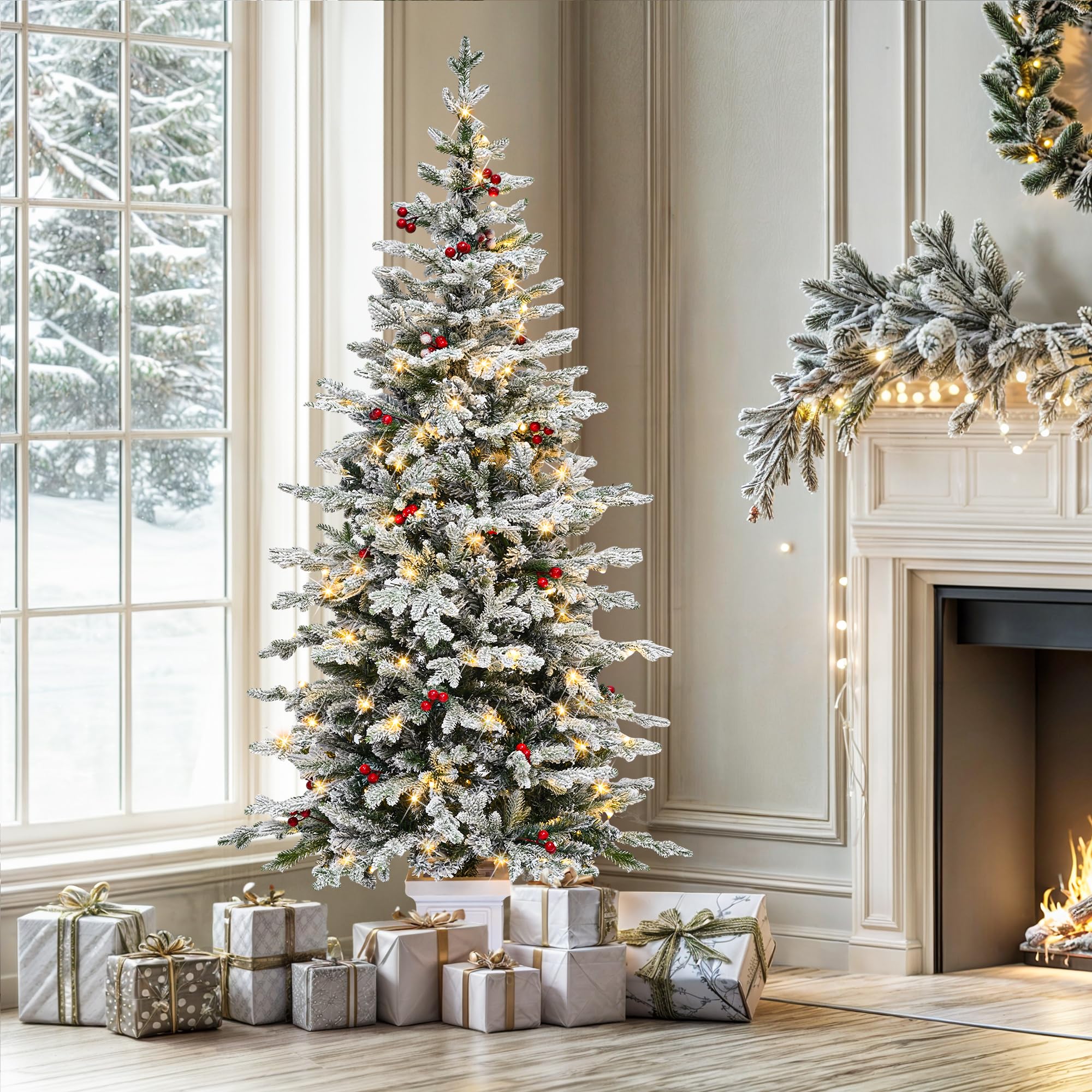 YITAHOME 4.5ft Prelit Potted Flocked Arctic Fir Pencil Tree