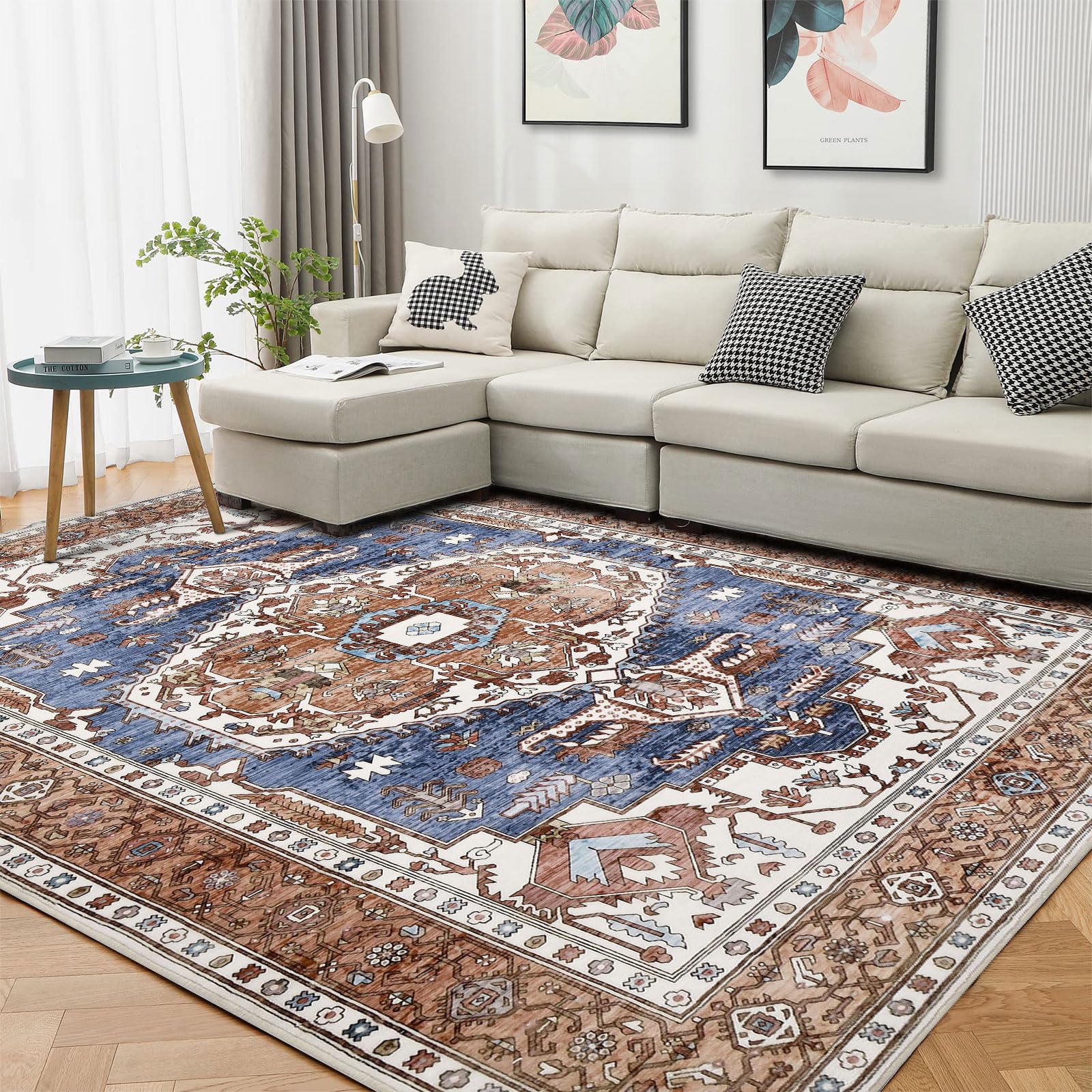 WONGS BEDDING Alfombra de salón grande de 160 x 230 cm, alfombra vintage de baja pila, alfombra suave antideslizante, alfombra lavable de lana artificial para dormitorio, oficina, comedor