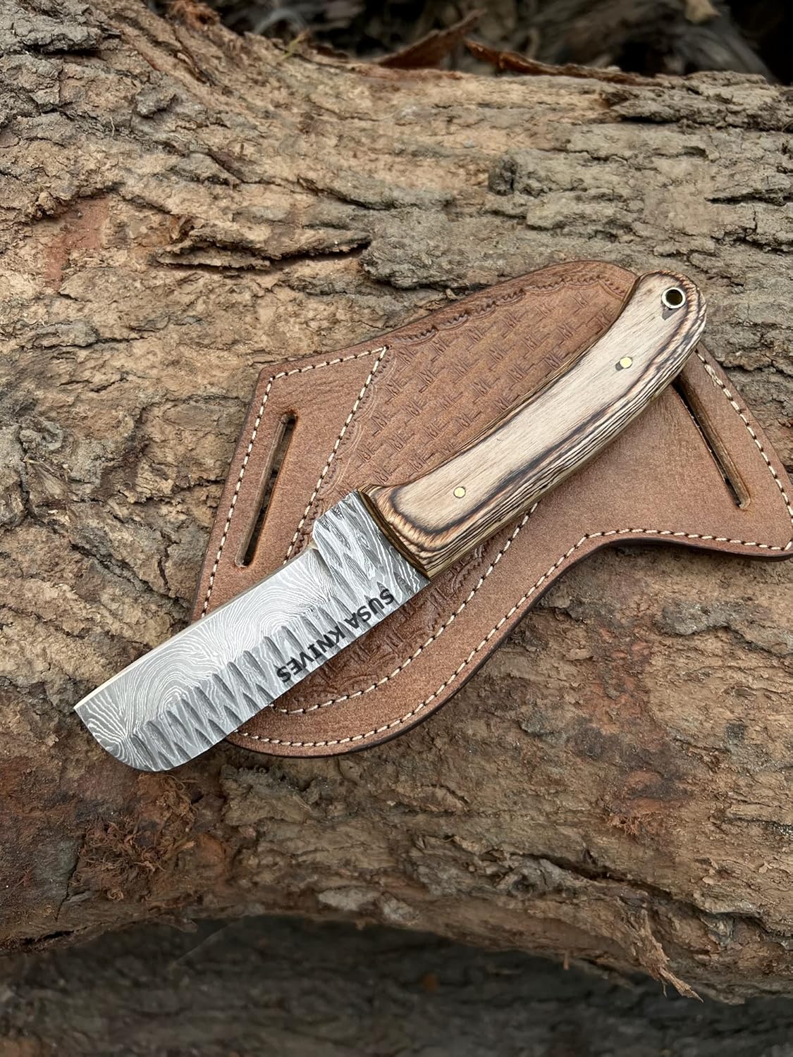 Custom Handmade Damascus steel Bull cutter knife, cowboy knives with pancake leather sheath/Brown pakka wood handle (BROWN)