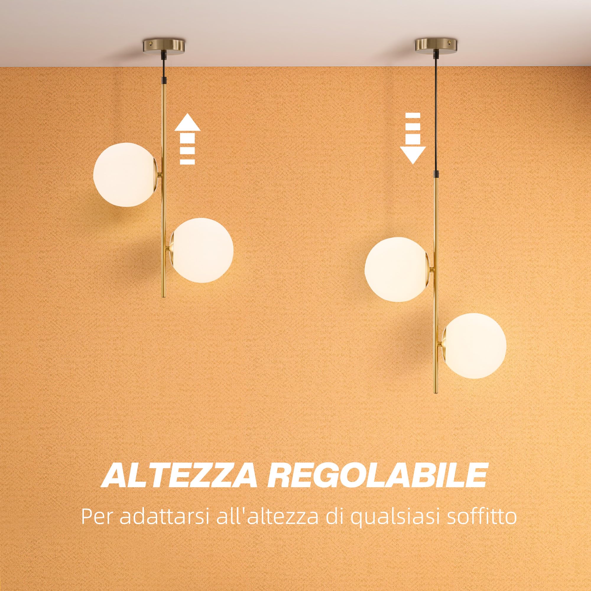HOMCOM Lampada a Sospensione con 2 Paralumi, 32x15x51 cm, Bianca e Oro | in Vetro, Filo Regolabile, Lampada Moderna in Metallo