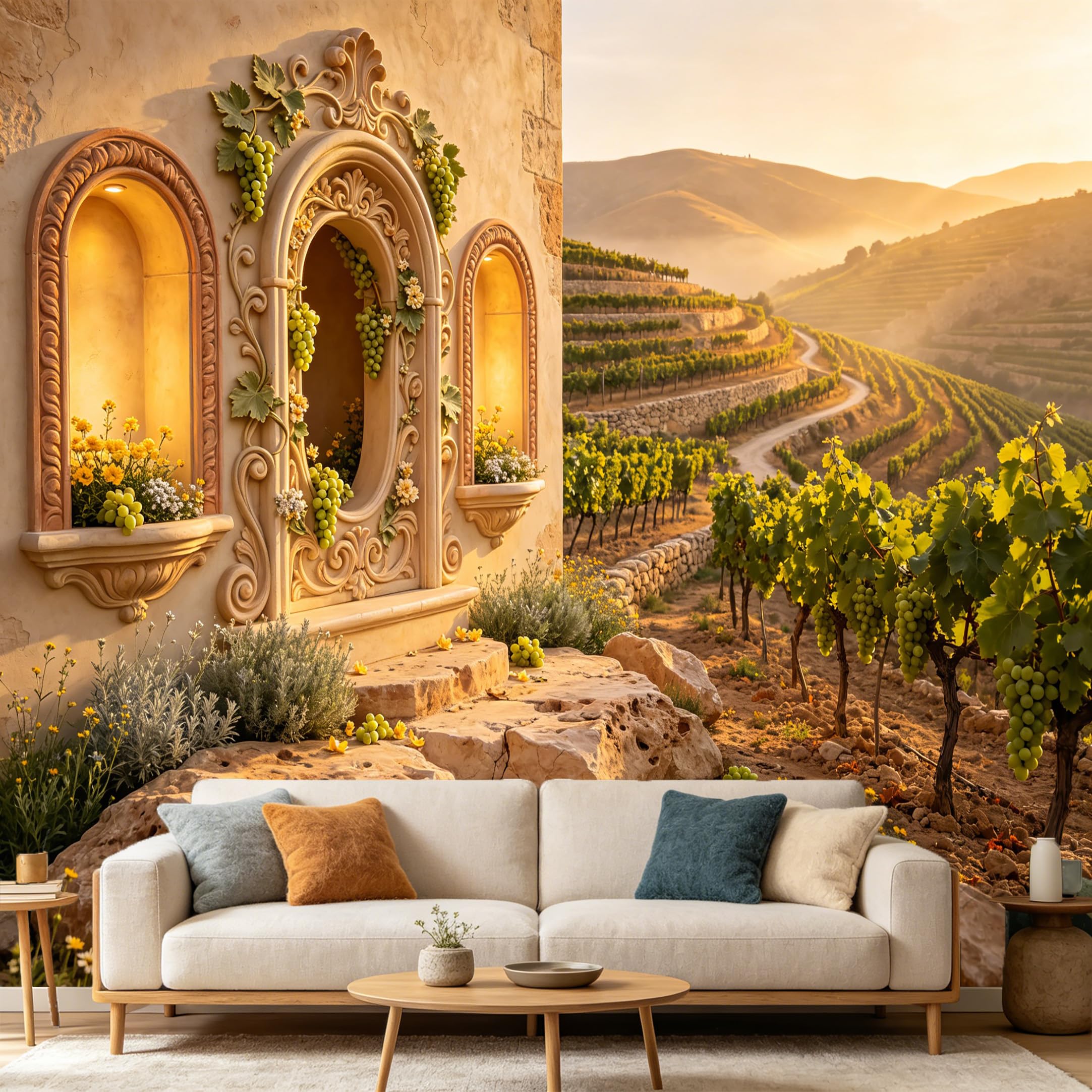 Custom Size Wall Mural Mediterranean Tuscany Vineyard Landscape Farmhouse Stone Sunset Nature Scenery SelfAdhesive Art Prints wall Fabric Removable Large Wallpaper Home Living Room Decor