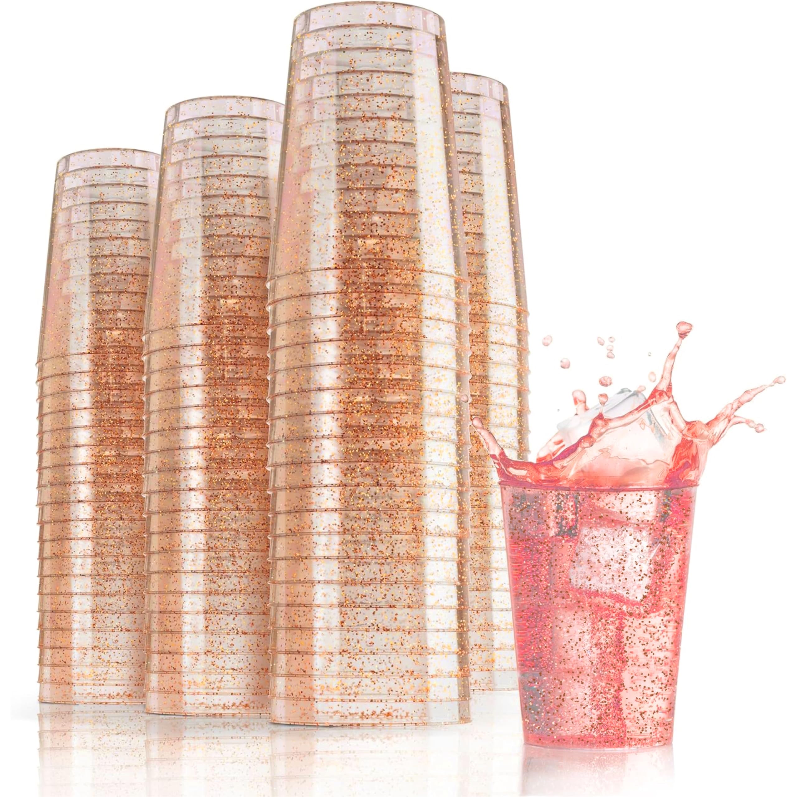Exquisite Rose Gold Plastic Cups Disposable, Clear Plastic Tumblers 10 Oz. 200 Ct. - Glitter Tumblers, Rose Gold Glitter Cups Disposable For Party,