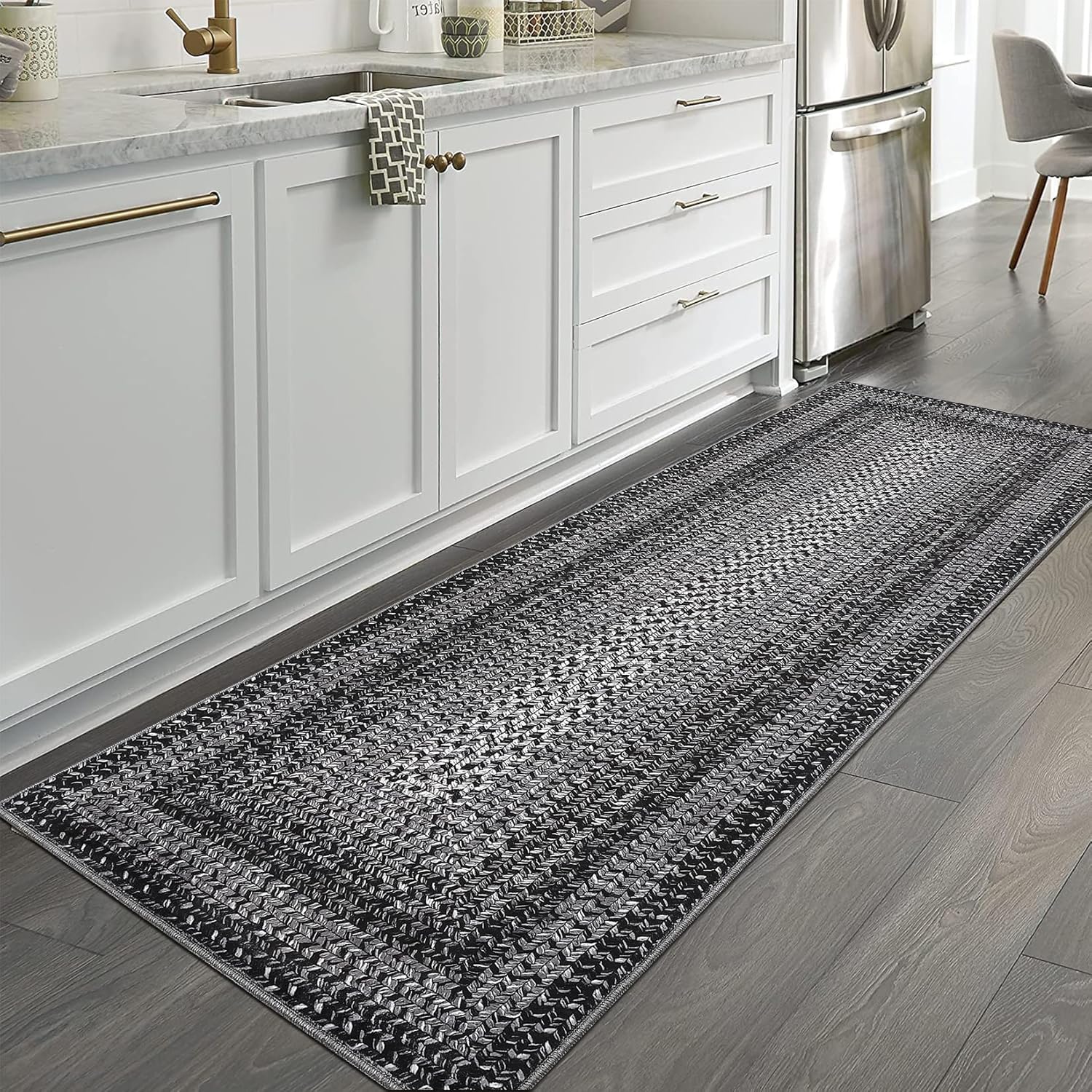 RUGSREAL Runner Rug for Hallway Kitchen Runner Rug 2x10, Machine Washable Long Runner Throw Carpet with Rubber Backing, Stain Resistant Braided Printed Entryway Carpet for Bedroom Living Room, Black