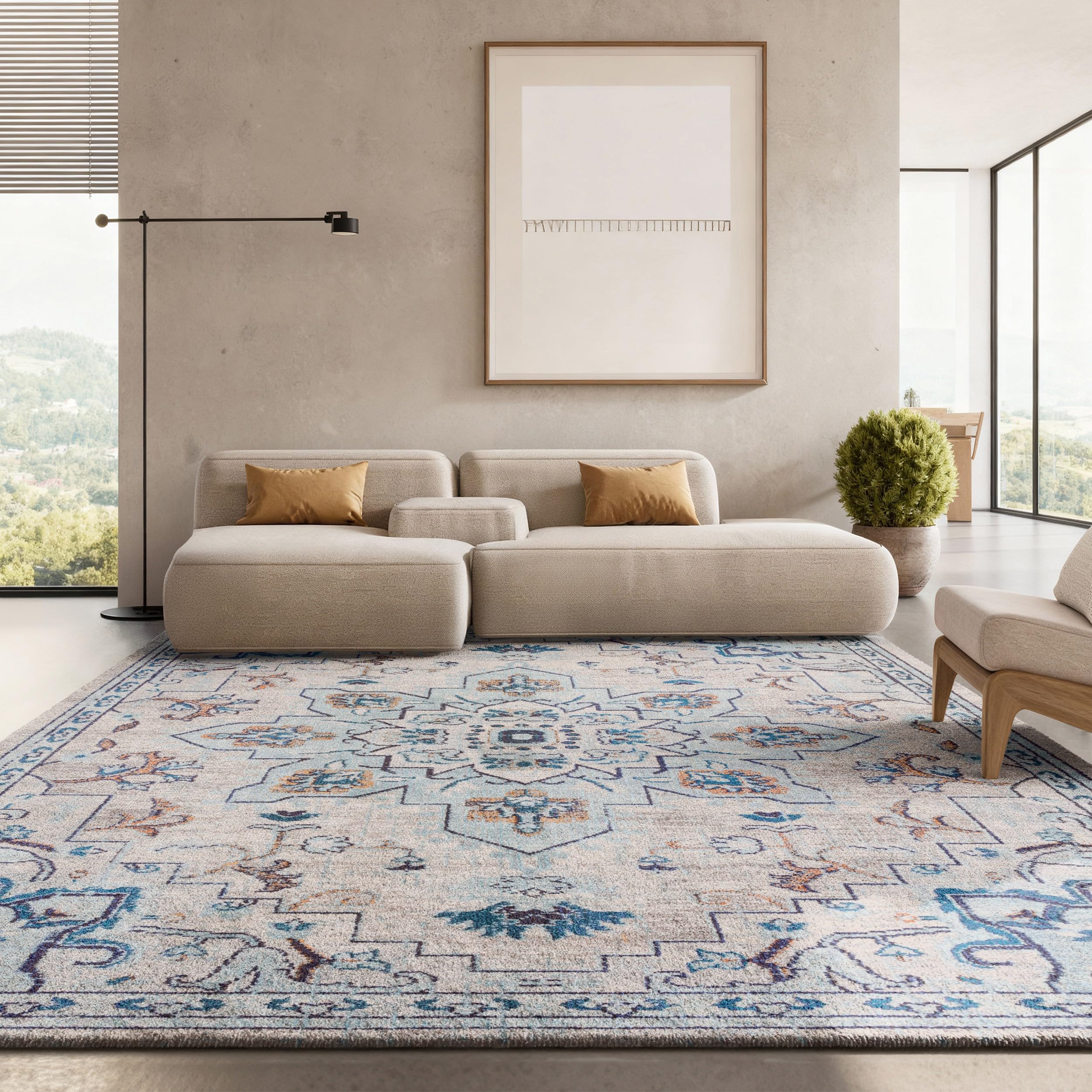 SAFAVIEH Area Rug 8x10 - Madison Collection - Large - Ivory Light Blue Boho Chic Distressed Medallion Design