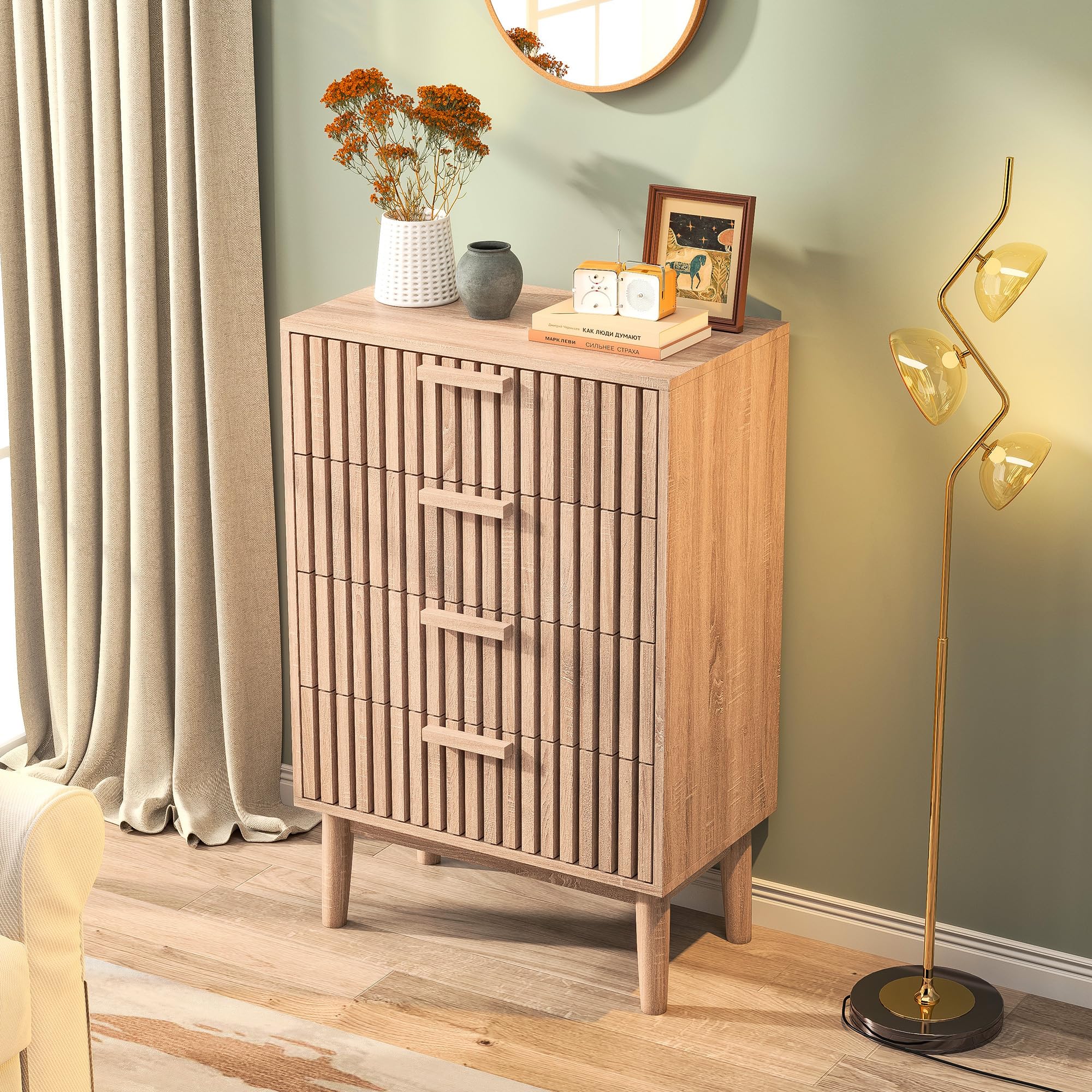 BRILVERDE Cómoda con 4 cajones, mesita de noche con cajón y estante abierto, mesa auxiliar de madera, armario para dormitorio, pasillo, salón, 60 x 34 x 91 cm (color madera natural-2)