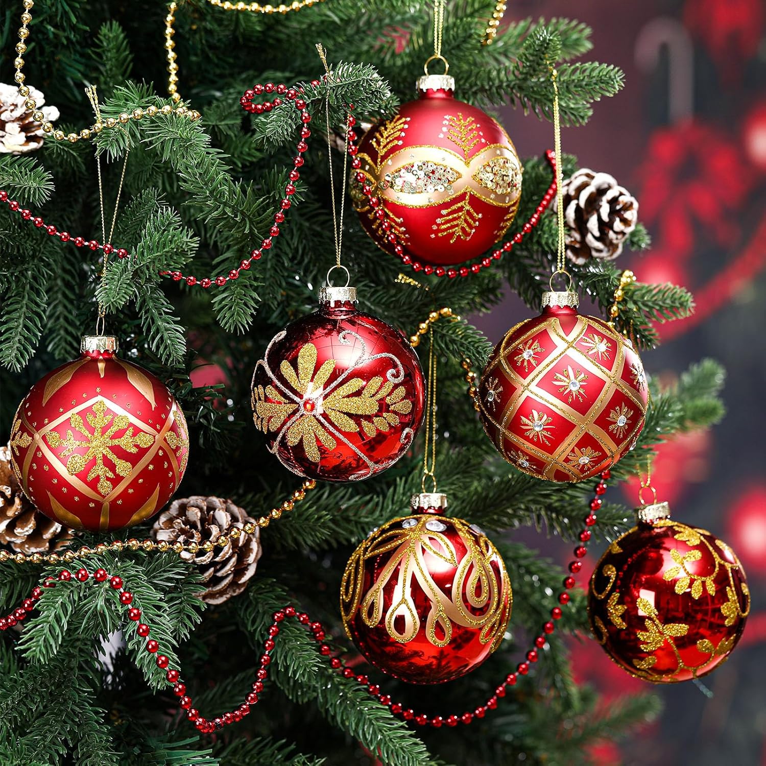 6 Pcs 3.15 Inch Glass Luxury Christmas Ball Red and Gold Ball Ornaments Glass Christmas Tree Decorations Luxury Hanging Ornaments for Xmas Tree Party Holiday Decor