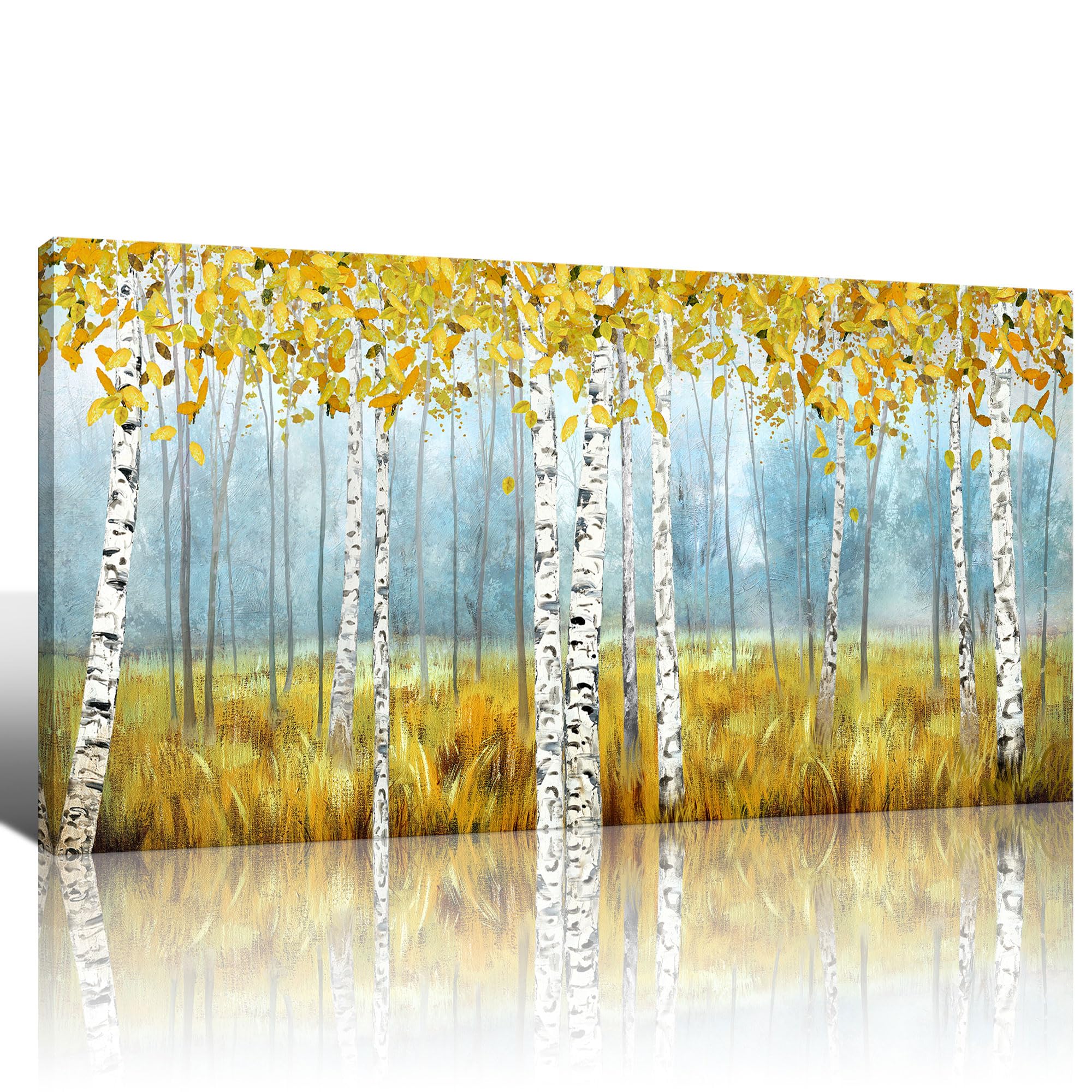 KLAKLA Birch Tree Canvas Wall Art - Large Wall Art - Hand Painted Leaves & 60x30 inch Yellow Leaves Plant Forest Picture Artwork Living Room Bedroom Wall Decor