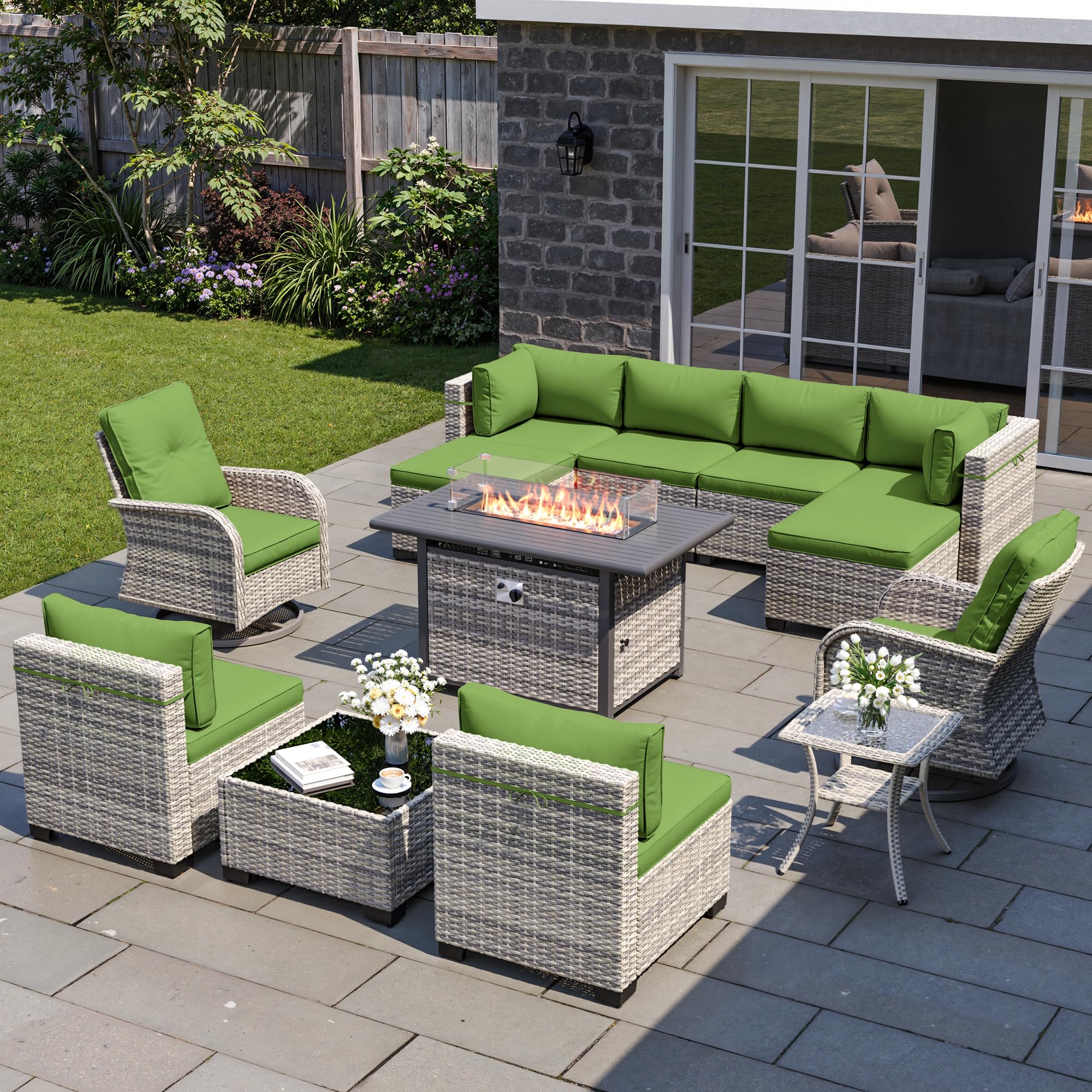 13-Piece Patio Furniture Set, Outdoor Patio Furniture with Swivel Chairs Set, Ottomans, 55,000 BTU Fire Pit Table, Modular Patio Sofa, Dual-Strand Rattan, Rust-Resistant Frame, Grass Green