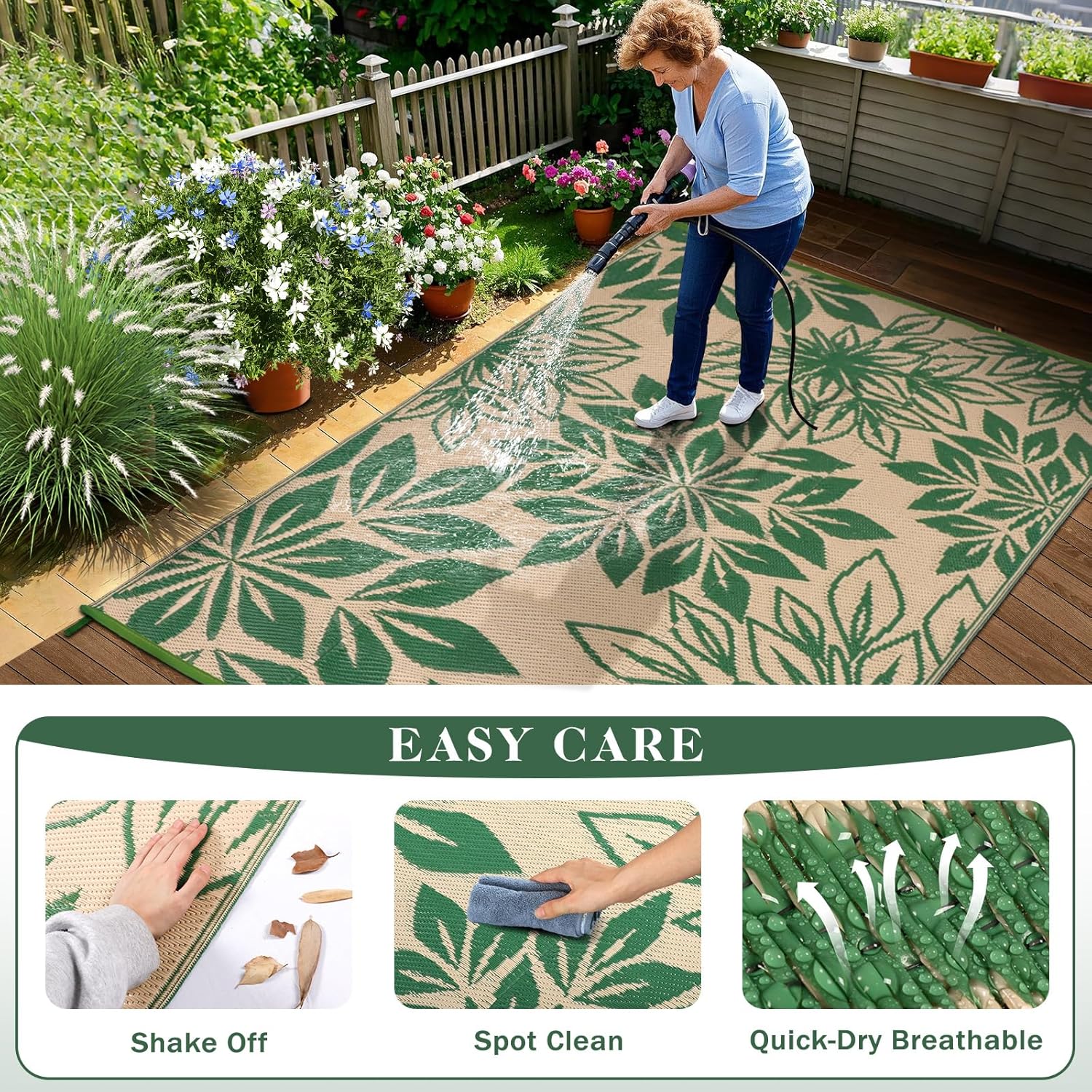Waterproof Outdoor Rugs 4x6, Green Outdoor Plastic Straw Rug Double-Sided, Fade Resistant Patio Rug, Easy Cleaning RV Camping Mats Outside Carpet Portable for Balcony Porch Garden Deck Picnic
