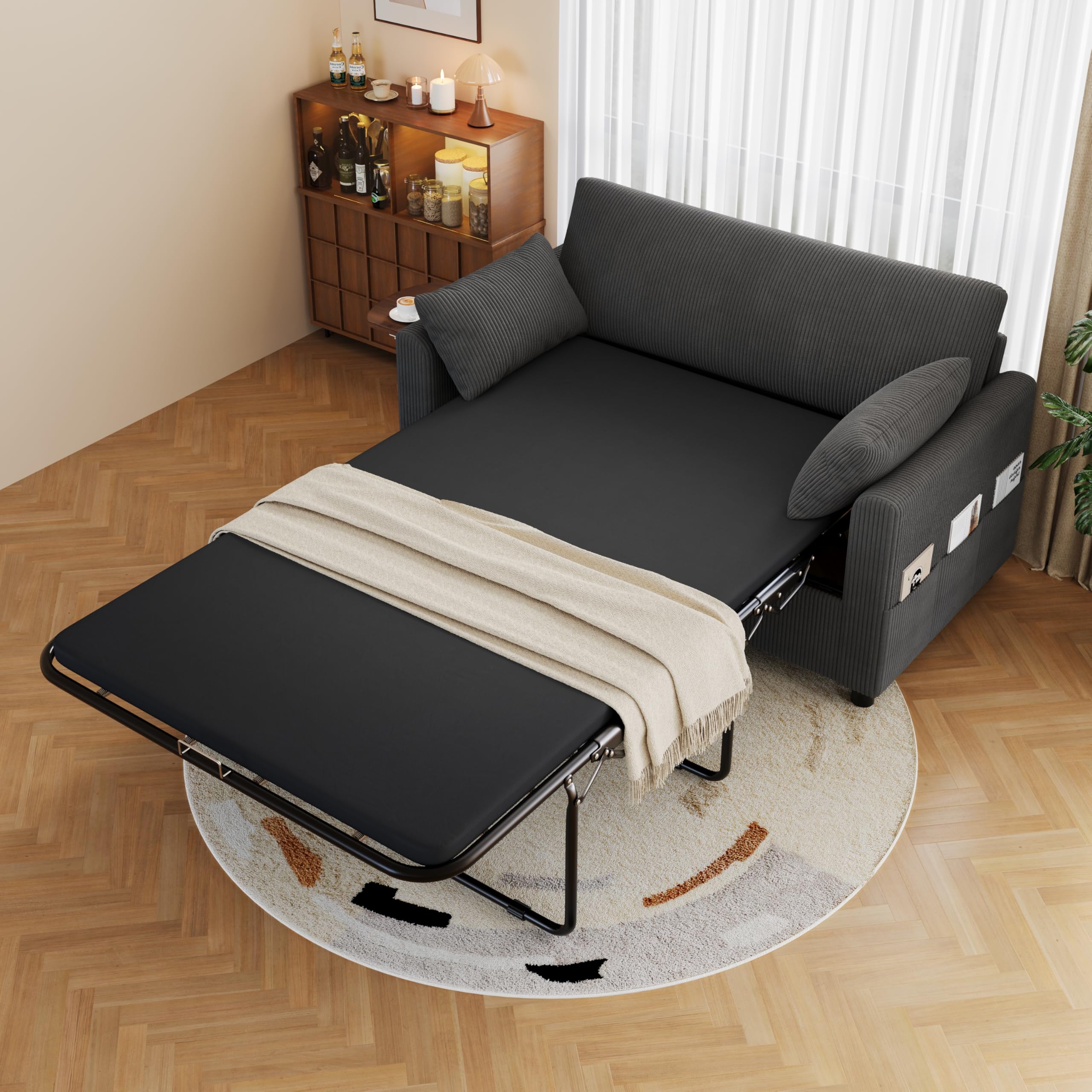 Divano letto 2 posti allungabile con funzione letto, porta di ricarica USB, tablet laterale pieghevole, materasso, due lenzuola e due cuscini, ideale per saloni e appartamenti