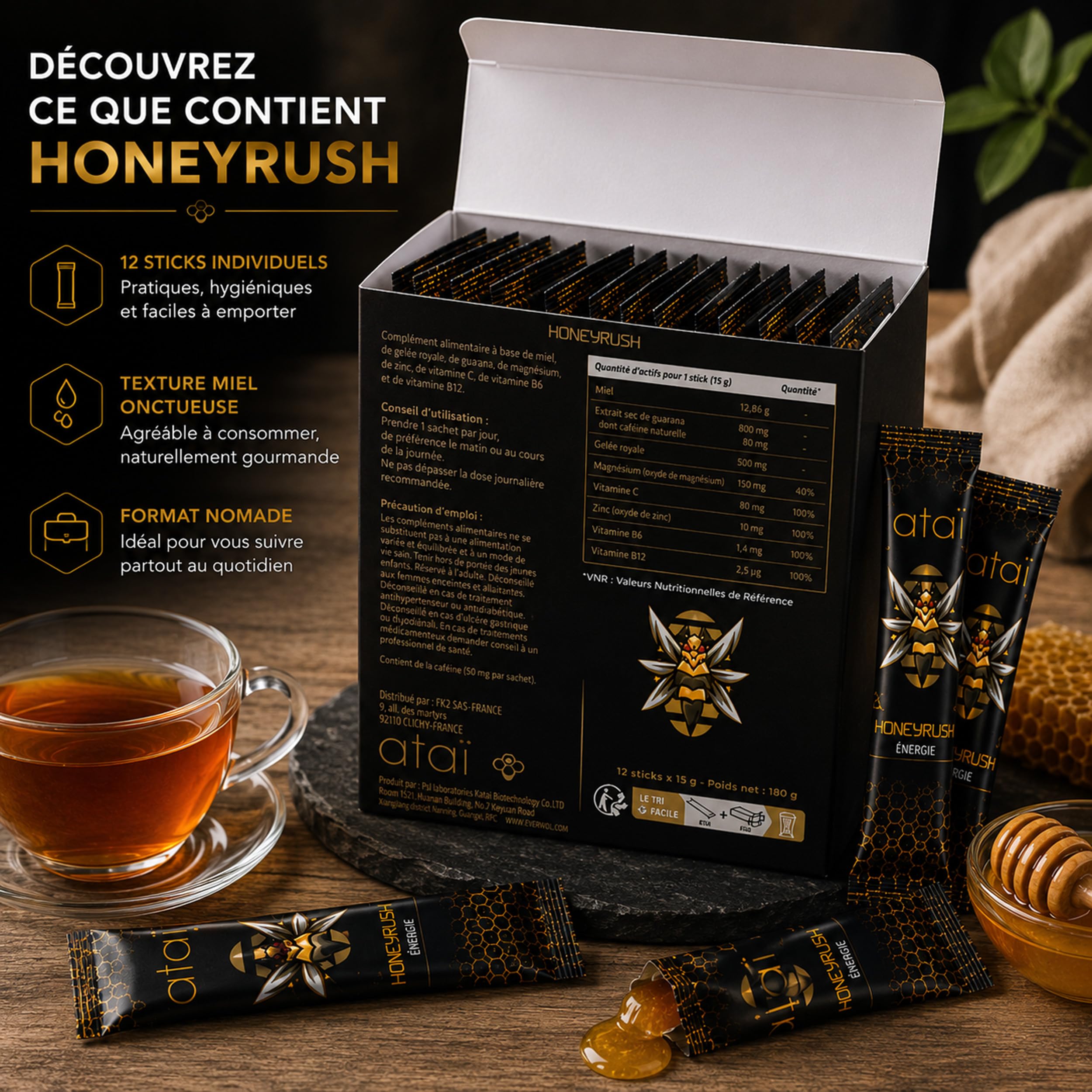 TONUS HOMME HONEY RUSH Miel, gélée royale, Guarana, Maca, Zinc, Vitamines B6,B12,C 12 Sachets 15 g