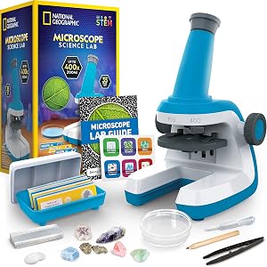 National Geographic Microscope for Kids - Science Kit with an Easy-to-Use Kids Microscope, Up to 400x Zoom, Blank & Prepared Slides, STEM Project Toy